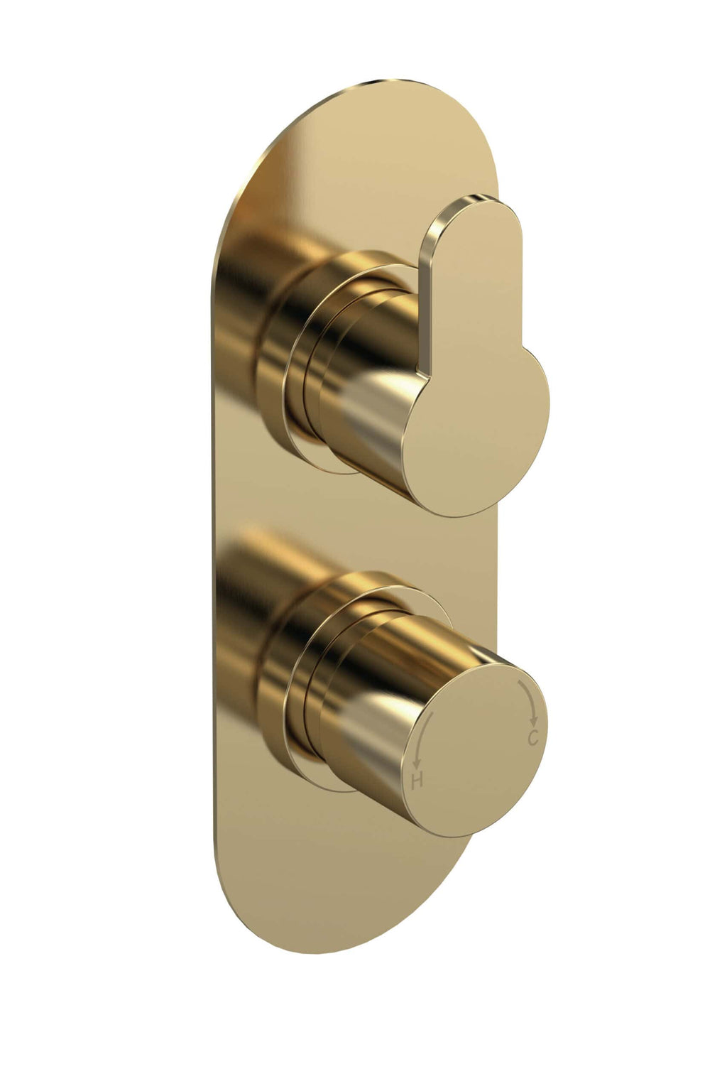 Polished gold thermostatic shower valve control for Bubly Bathrooms, featuring modern design and precise temperature regulation. Ideal for luxurious bathroom upgrades.