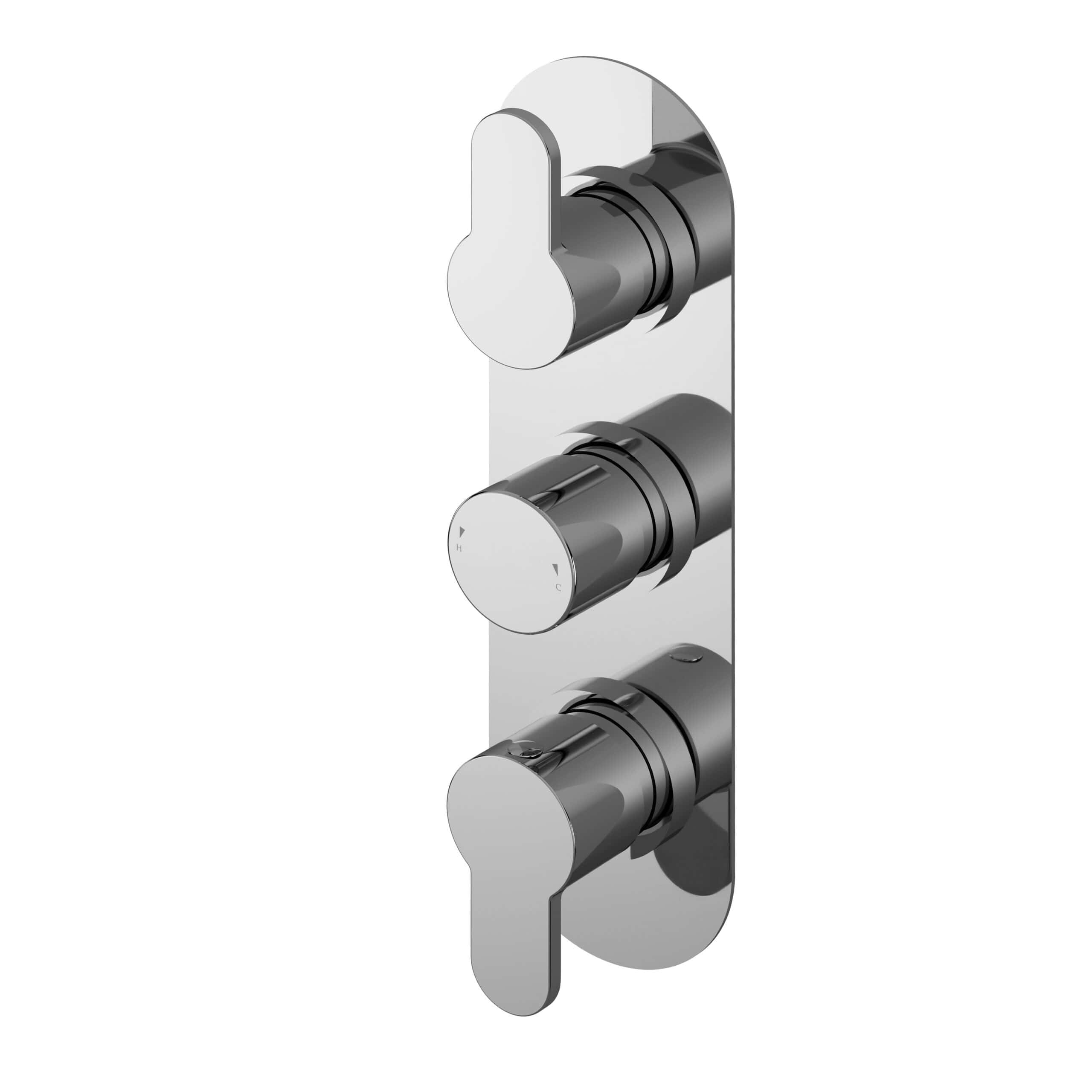 Brushed chrome thermostatic shower valve with three control knobs for adjustable water temperature and flow, ideal for modern bathroom installations.