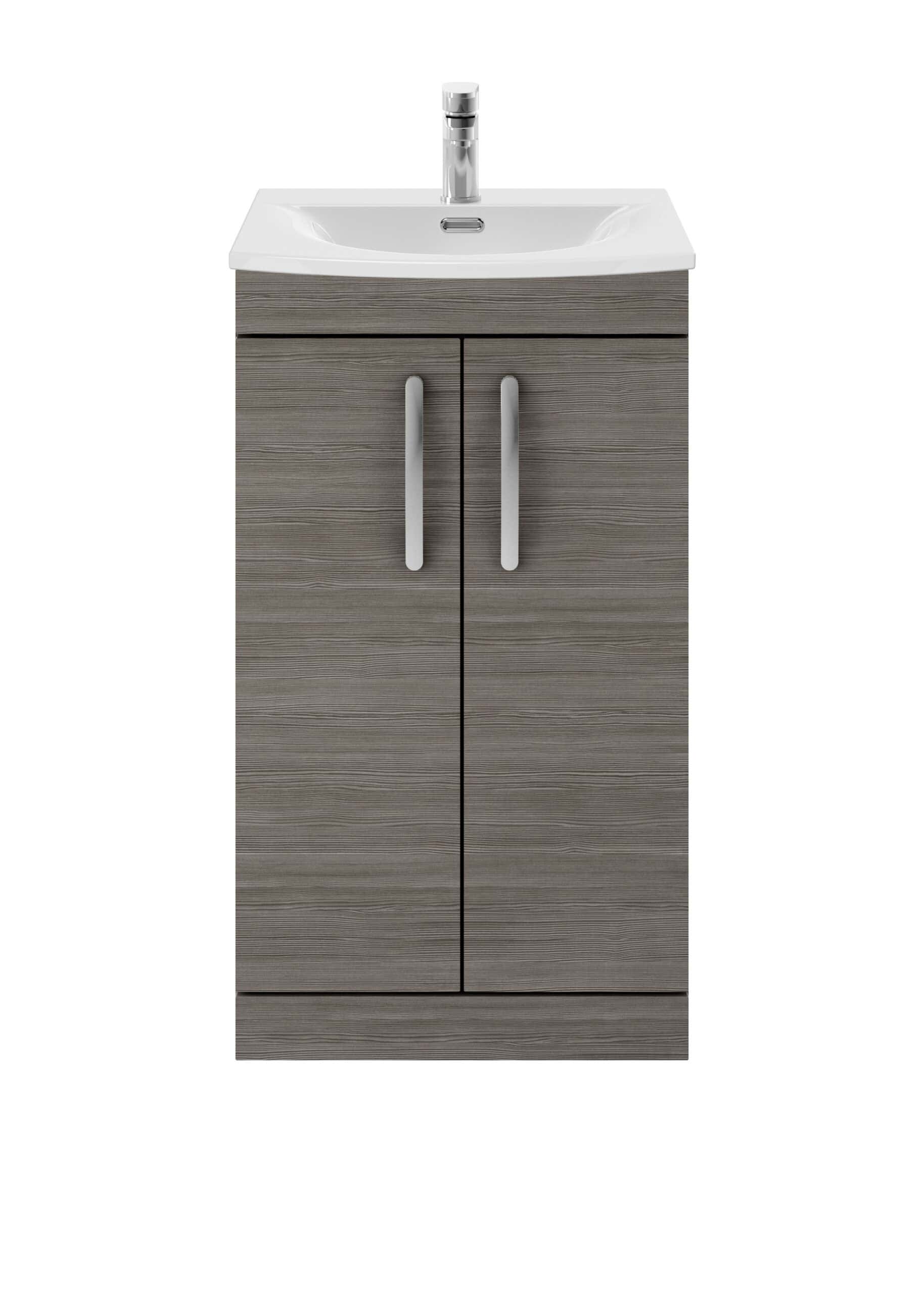 Contemporary bathroom vanity unit with a integrated sink and sleek chrome handles, ideal for modern bathroom designs. Features durable wood finish for a stylish and functional bath space.
