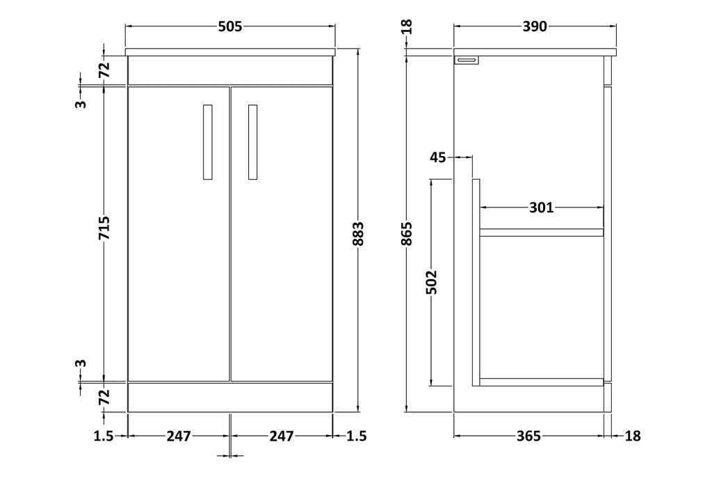 Sleek modern bathroom storage cabinet with double doors, detailed technical drawing with precise measurements and design features for custom bathroom furniture.