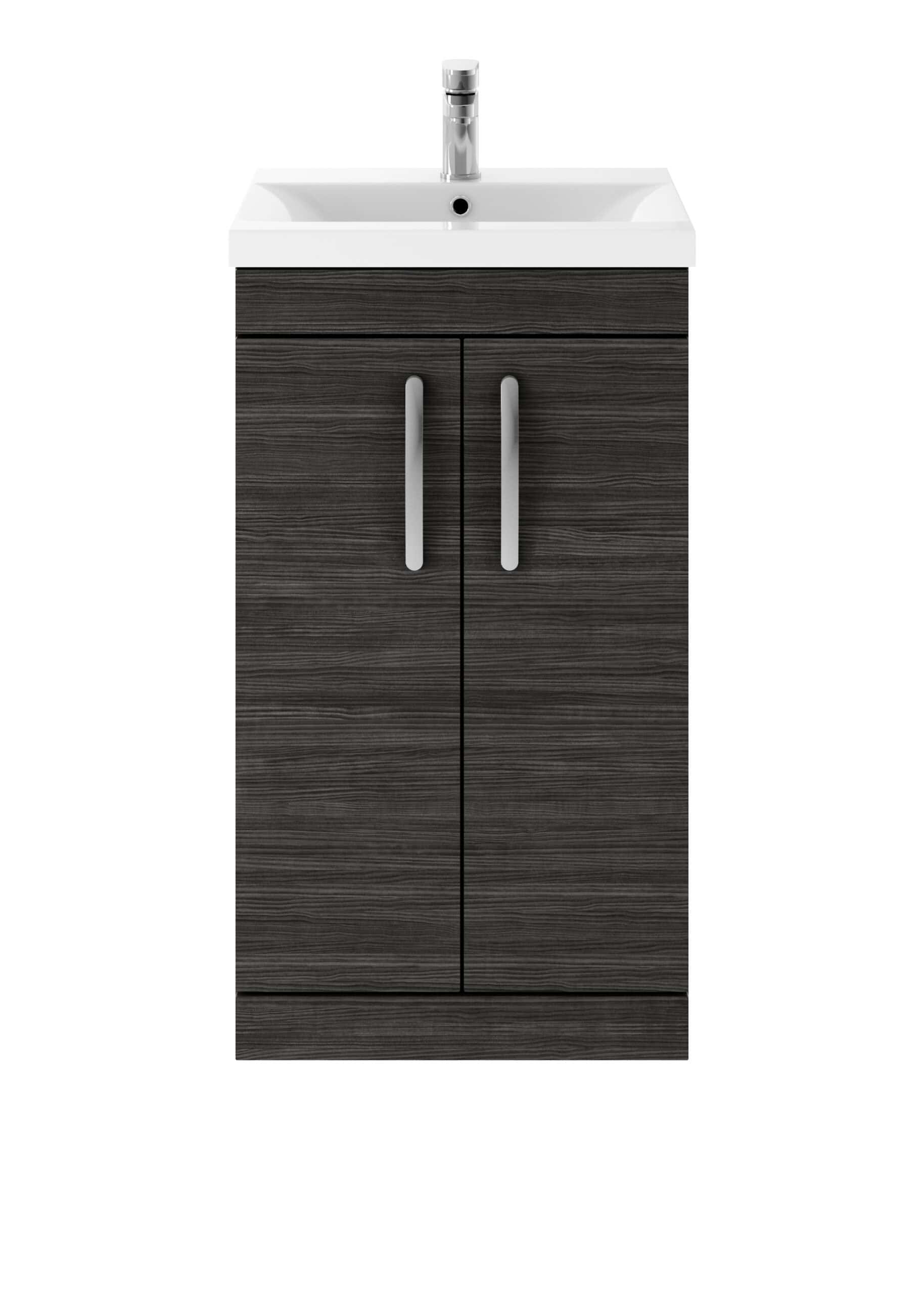 Modern bathroom vanity with dark wood finish and sleek vertical handles, featuring a white ceramic sink and chrome faucet, ideal for contemporary bathroom designs.