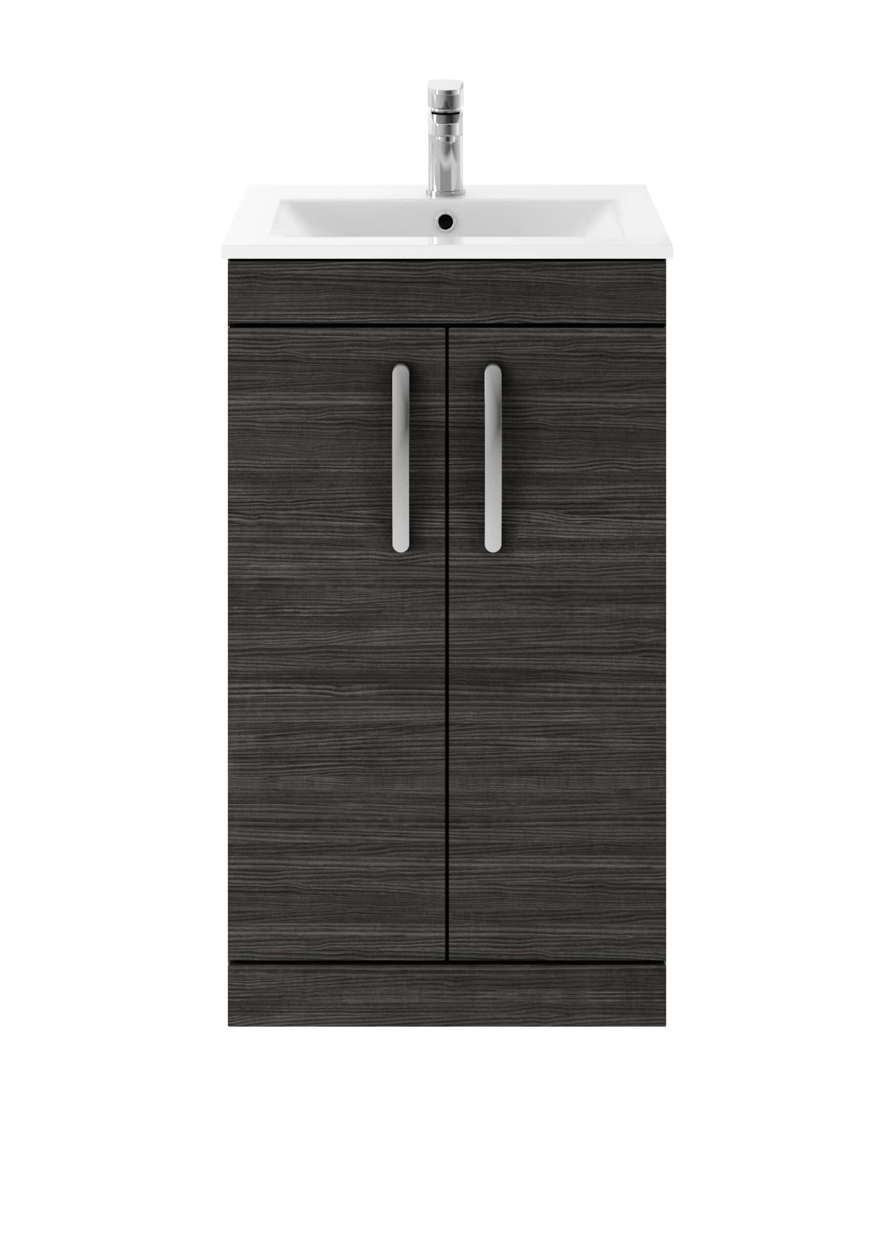 Modern bathroom vanity with a wood finish, integrated sink, and chrome faucet, ideal for stylish bathroom storage and sink setup.