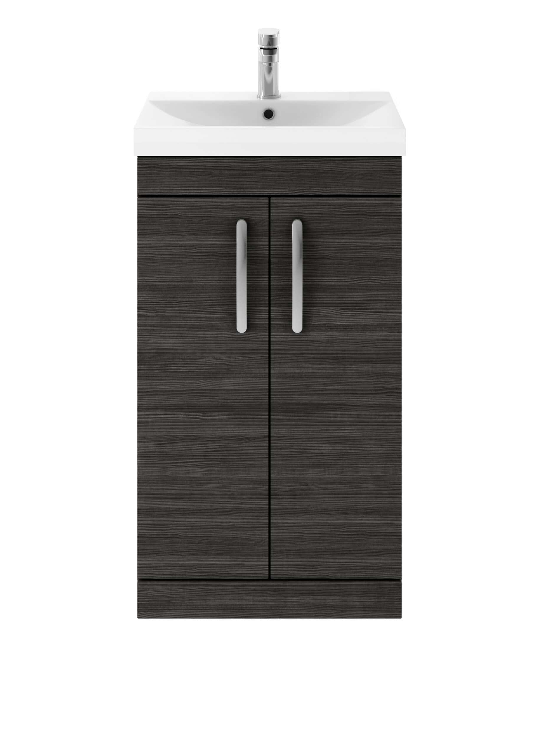 Sustainable bathroom vanity unit with a modern dark wood finish and integrated sink, perfect for contemporary bathroom design. Durable, stylish storage solution from Bubly Bathrooms.