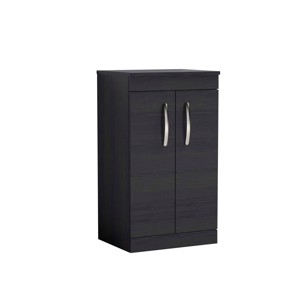 Dark wood bathroom storage cabinet with silver handles, ideal for organising bathroom essentials in modern bathrooms. Durable and sleek design for bathroom organisation.