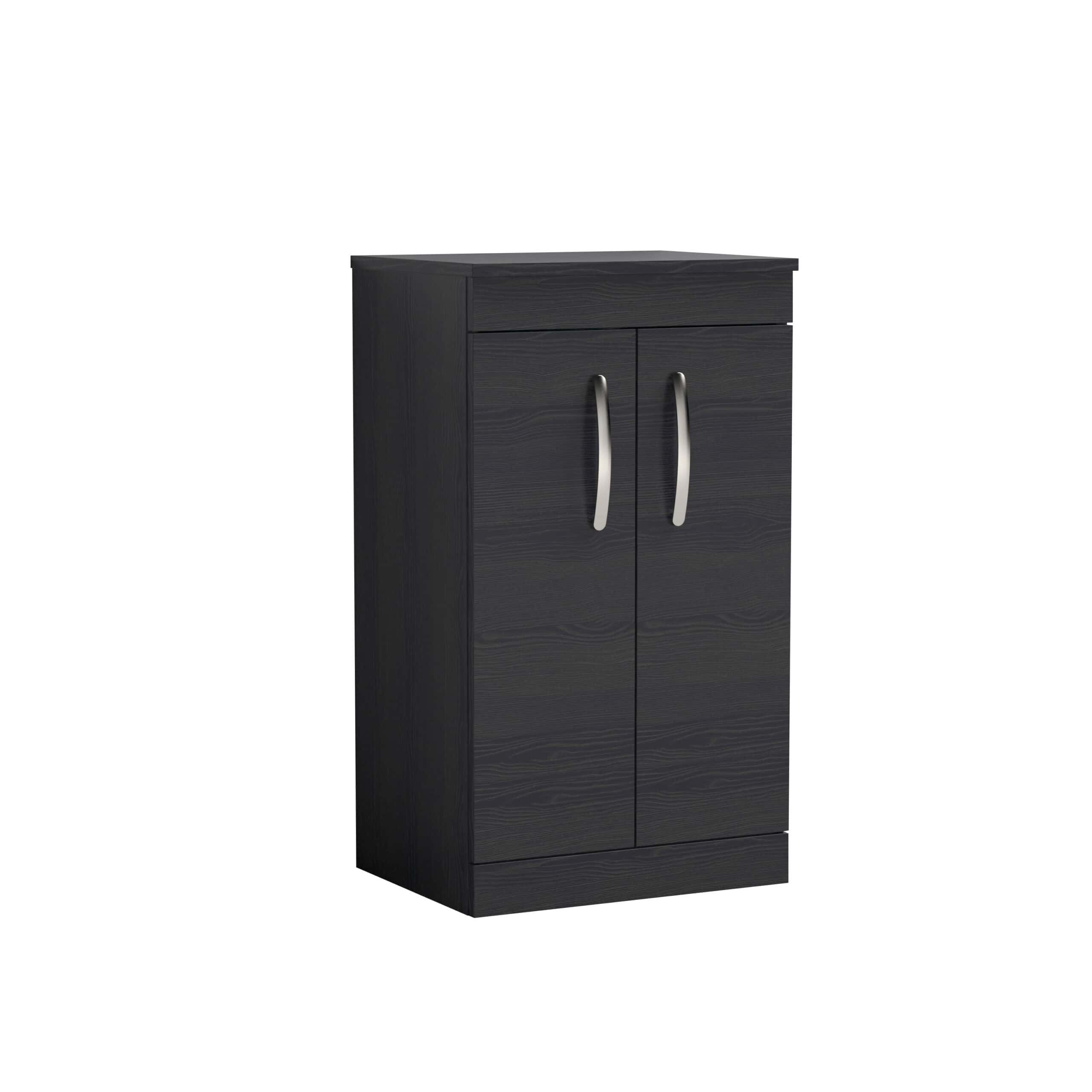 Dark wood bathroom storage cabinet with silver handles, ideal for organising bathroom essentials in modern bathrooms. Durable and sleek design for bathroom organisation.