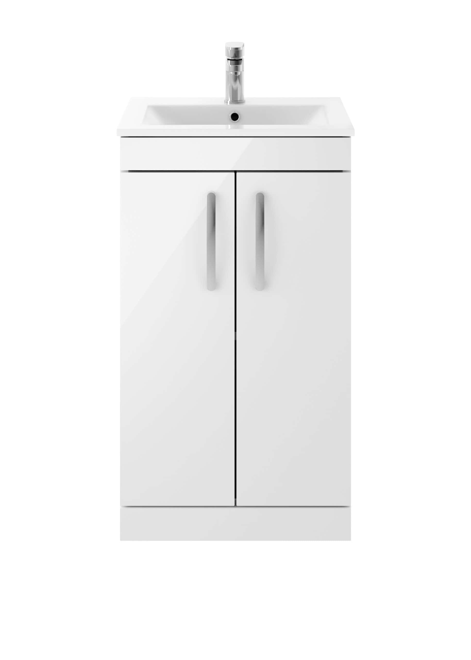 Modern white bathroom vanity unit with sink and storage cabinet for bathroom renovation and bathroom furniture design.
