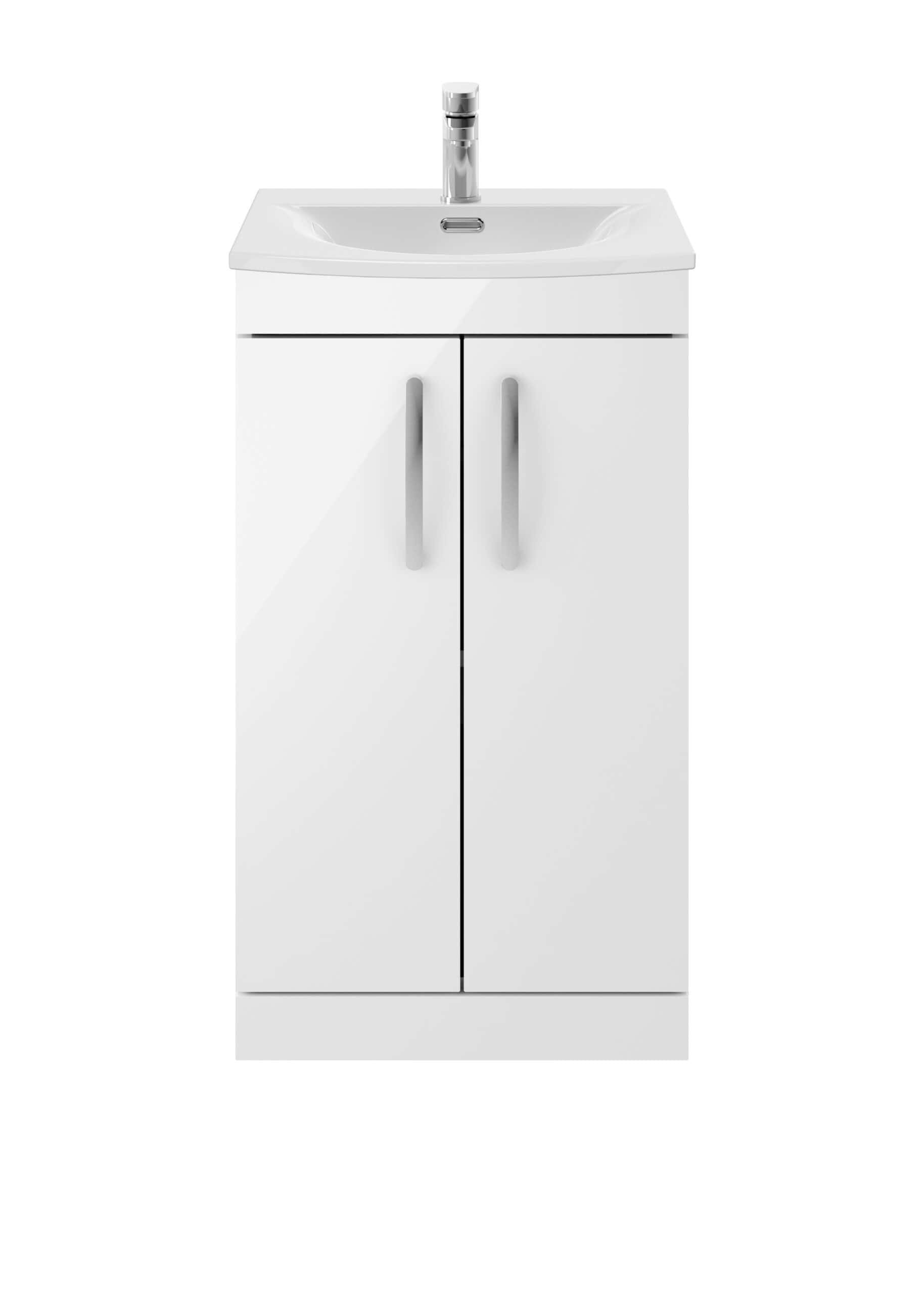 Modern white bathroom vanity with sink and storage cabinet, ideal for small bathrooms and utility spaces, featuring a sleek design and durable materials for long-lasting use.