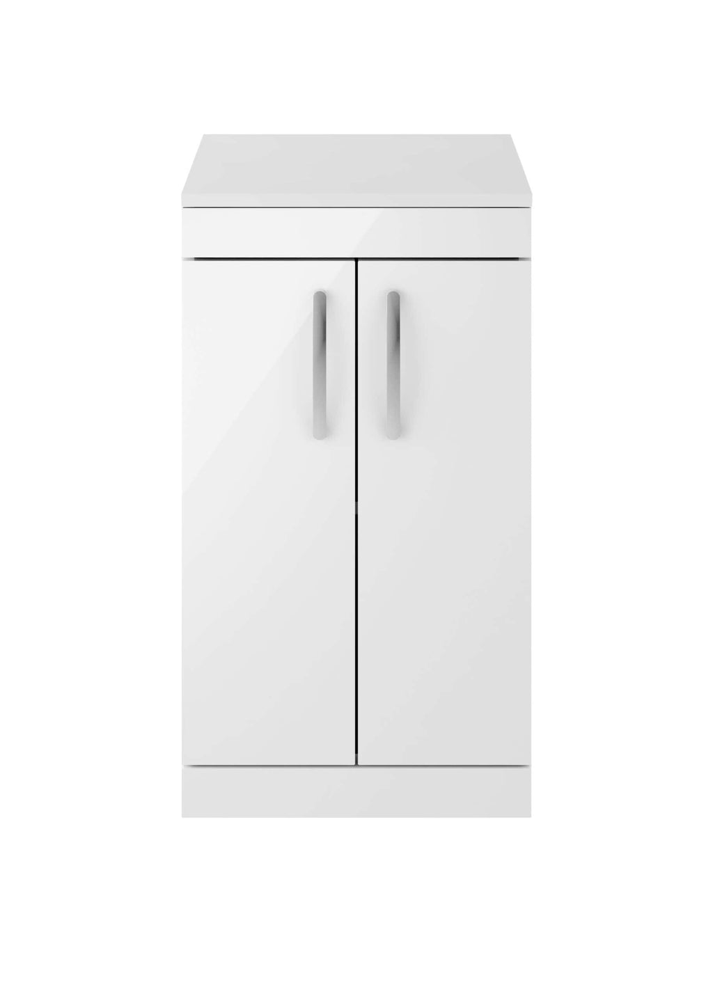 Contemporary white bathroom vanity cabinet with sleek handles and storage space. Perfect for modern bathrooms, offering style and functionality.