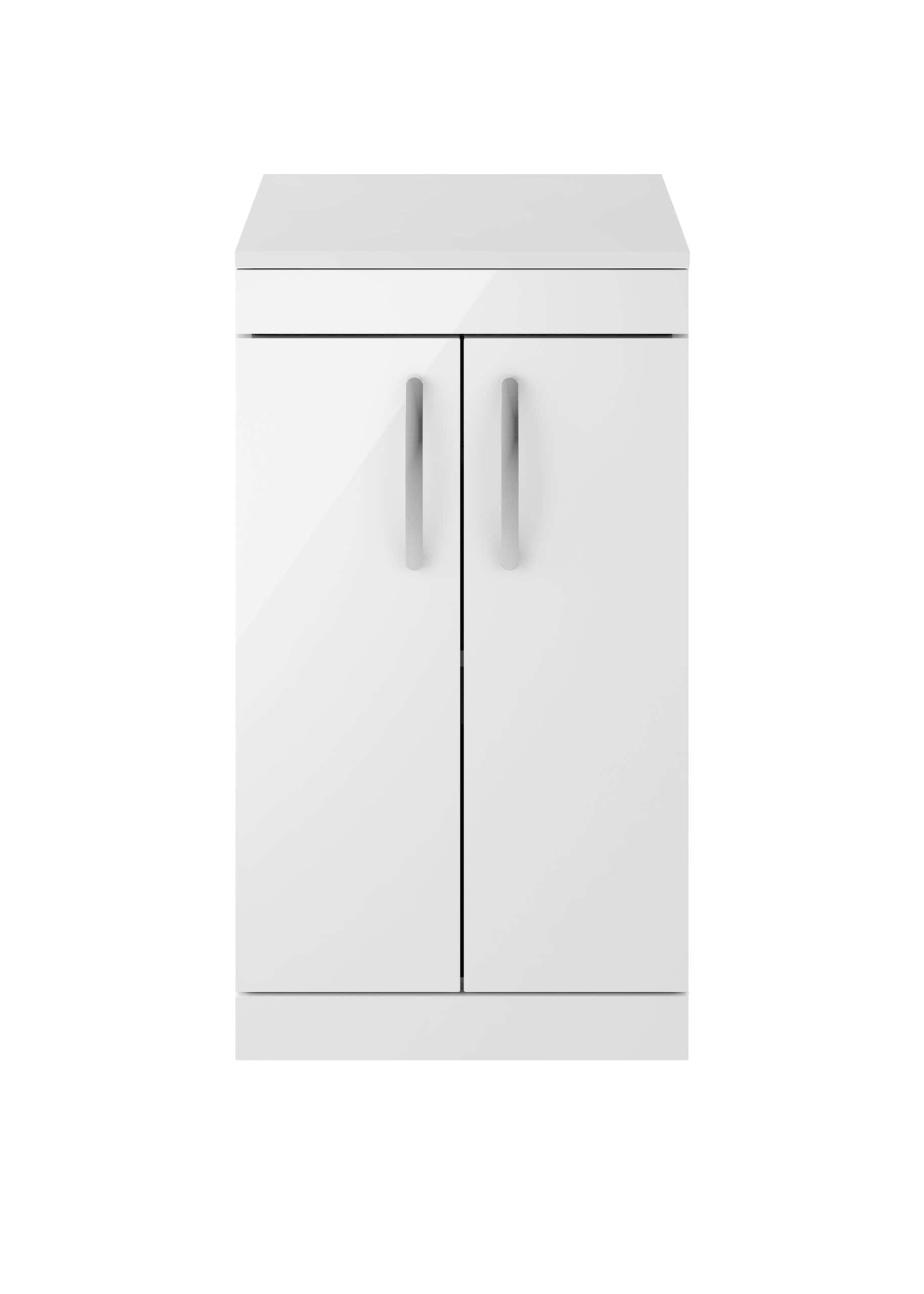 Contemporary white bathroom vanity cabinet with sleek handles and storage space. Perfect for modern bathrooms, offering style and functionality.