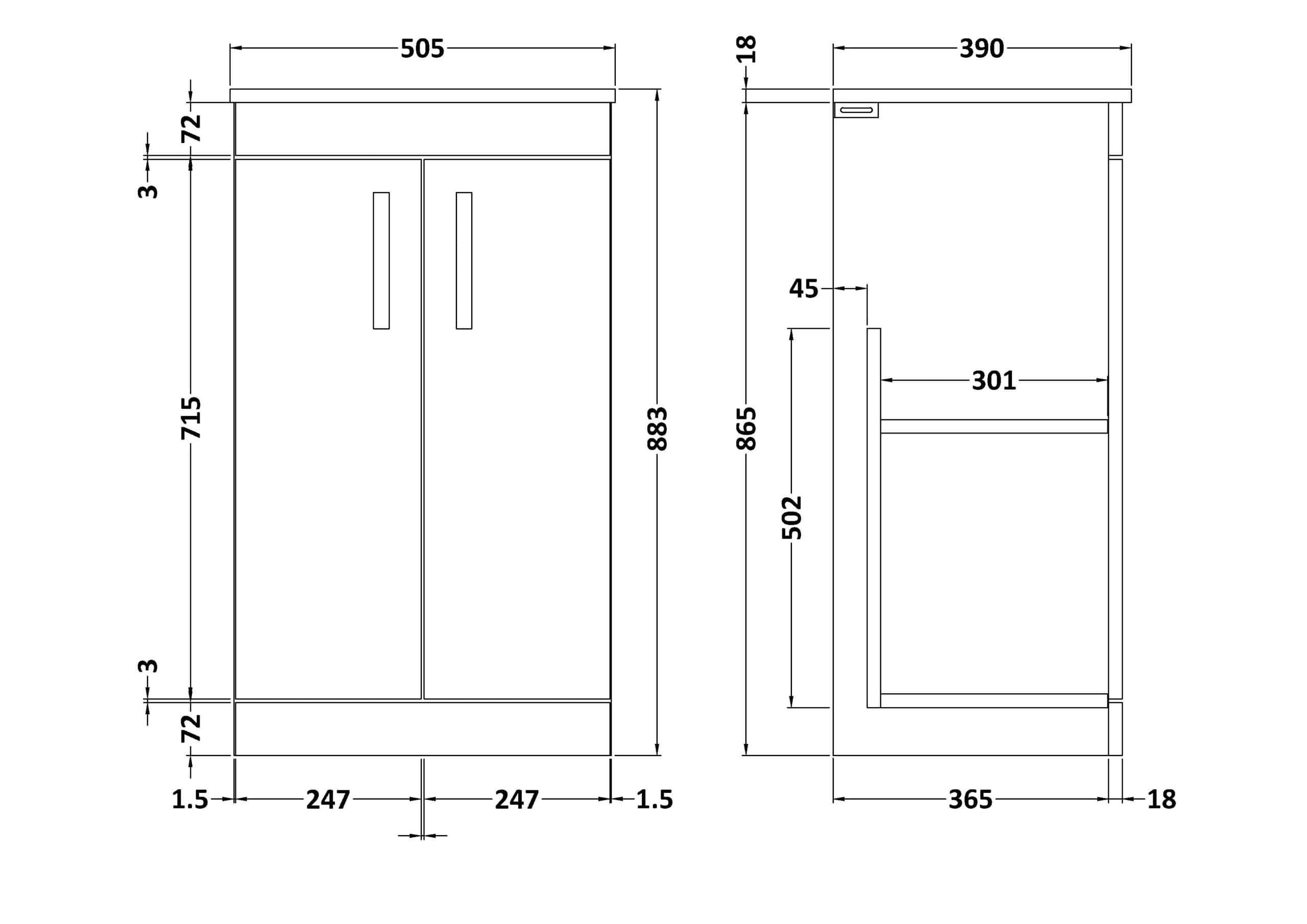 Robust bathroom cabinet design with precise measurements, ideal for modern bathrooms, featuring ample storage space and sleek finish for enhanced organisation and style.