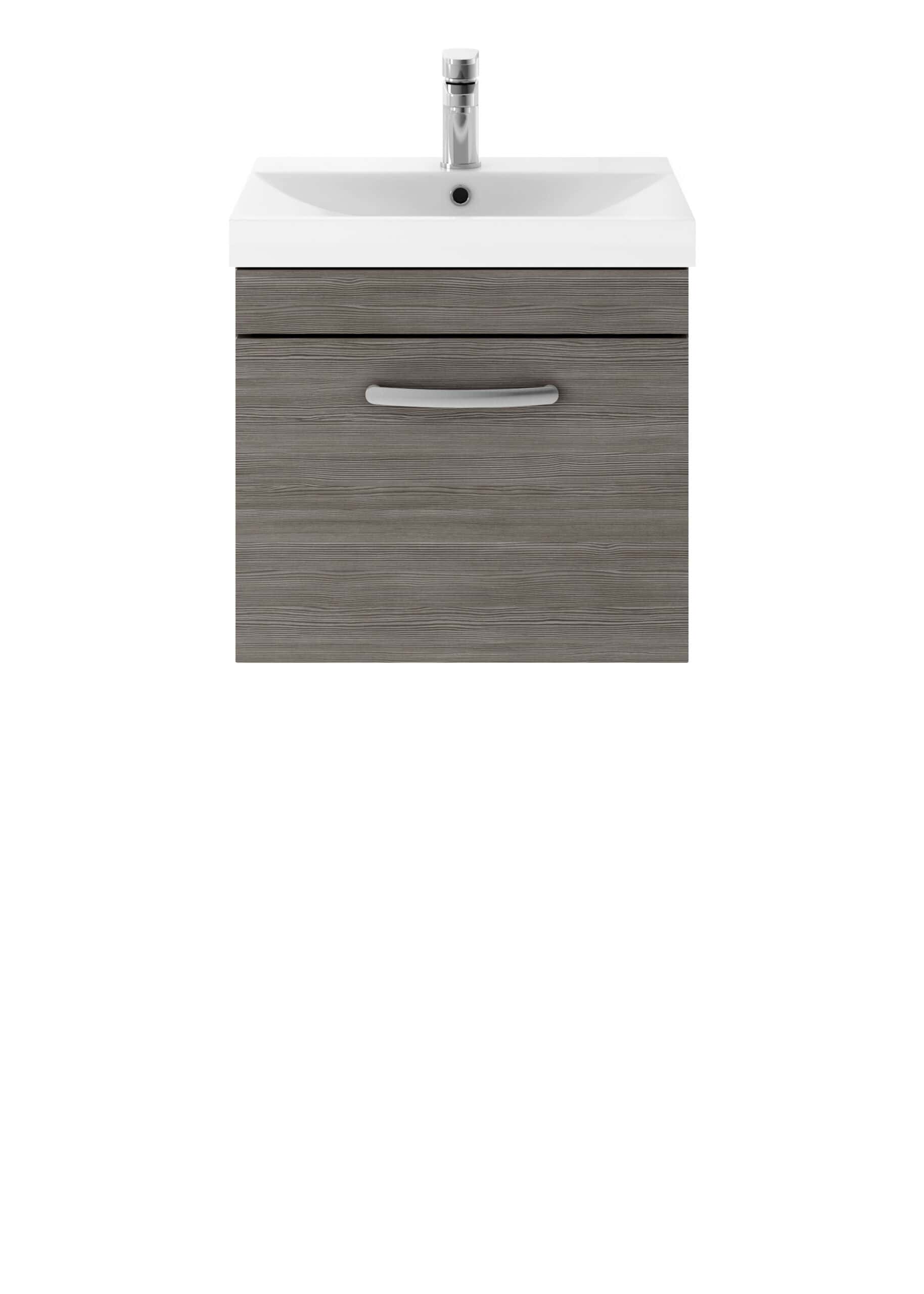 Sleek grey bathroom vanity with integrated sink and chrome faucet, perfect for modern bathroom decor. Compact design with a single drawer for convenient storage.