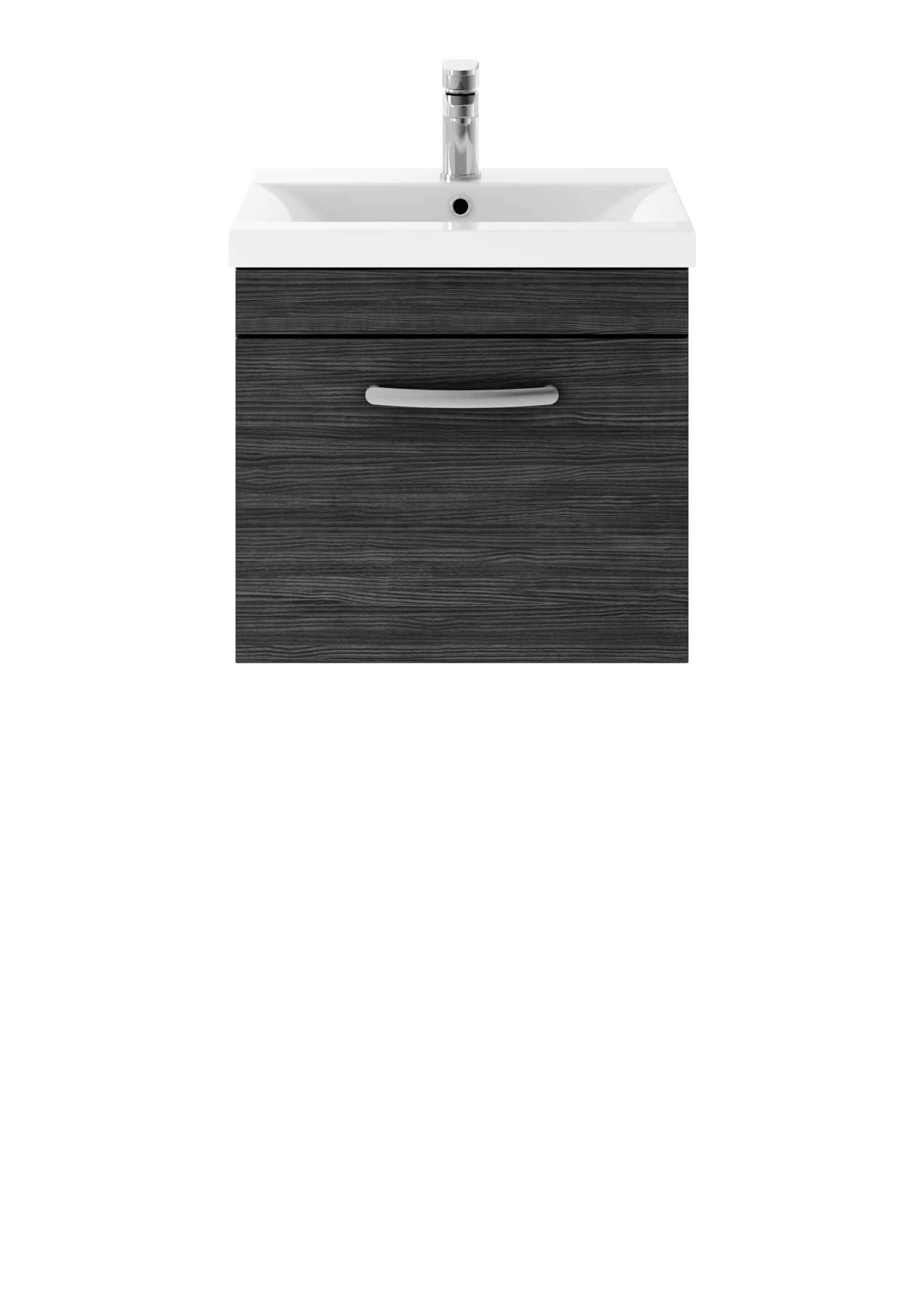 Bathroom vanity unit with integrated sink and modern chrome tap, featuring sleek dark wood finish perfect for contemporary bathroom design.