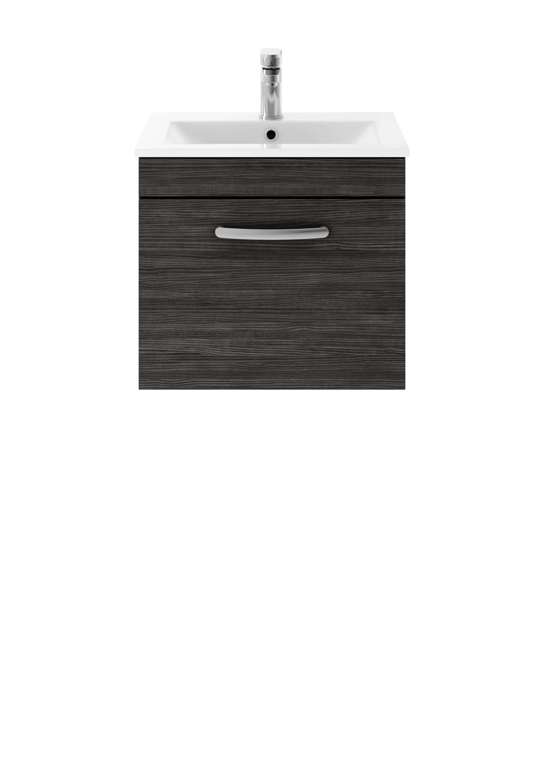 Dark wood bathroom vanity with a built-in white sink and chrome faucet, ideal for modern bathroom design and storage solutions.