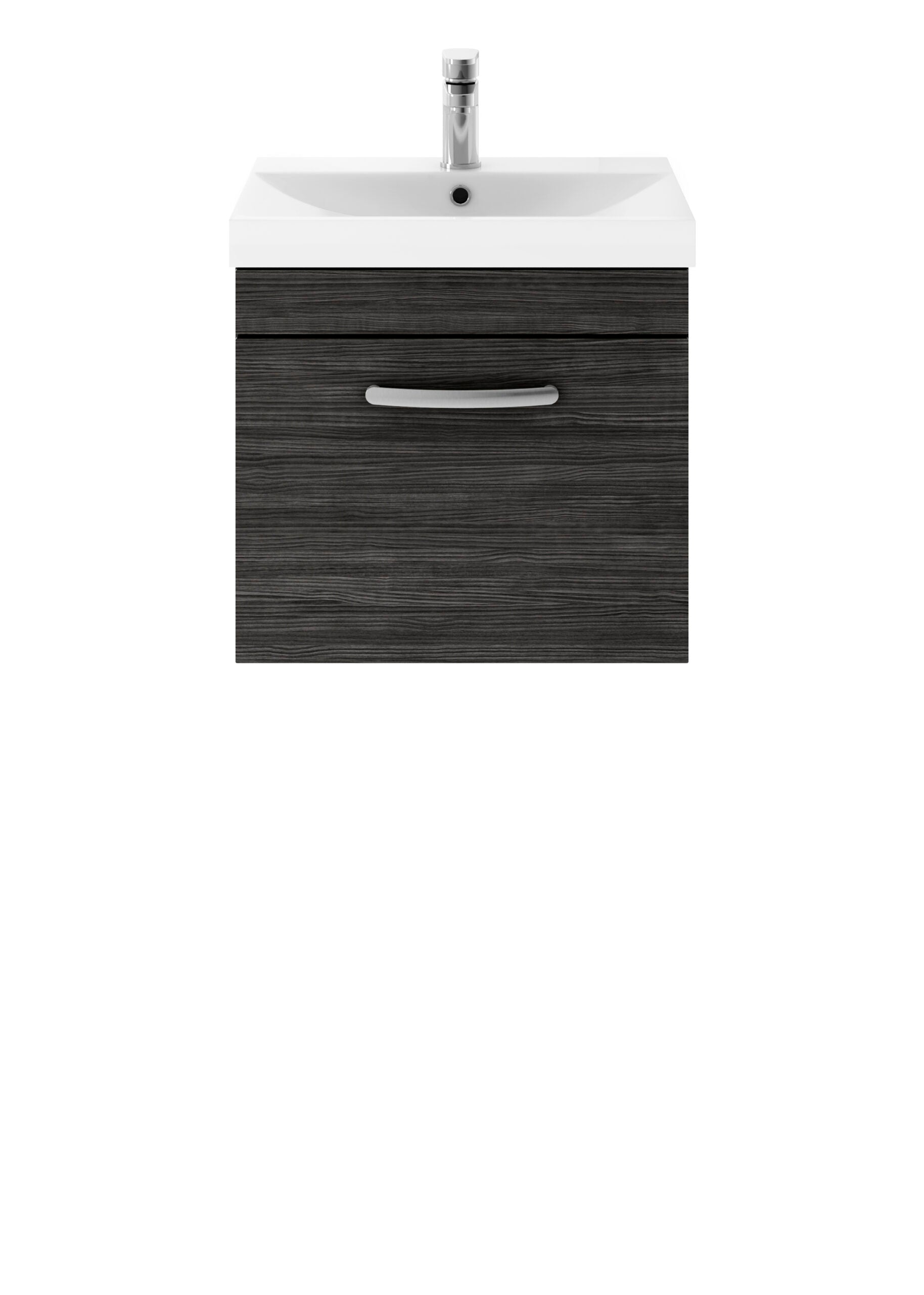 Sink unit with dark wood grain vanity and white ceramic basin, modern bathroom furniture for contemporary bathroom design.