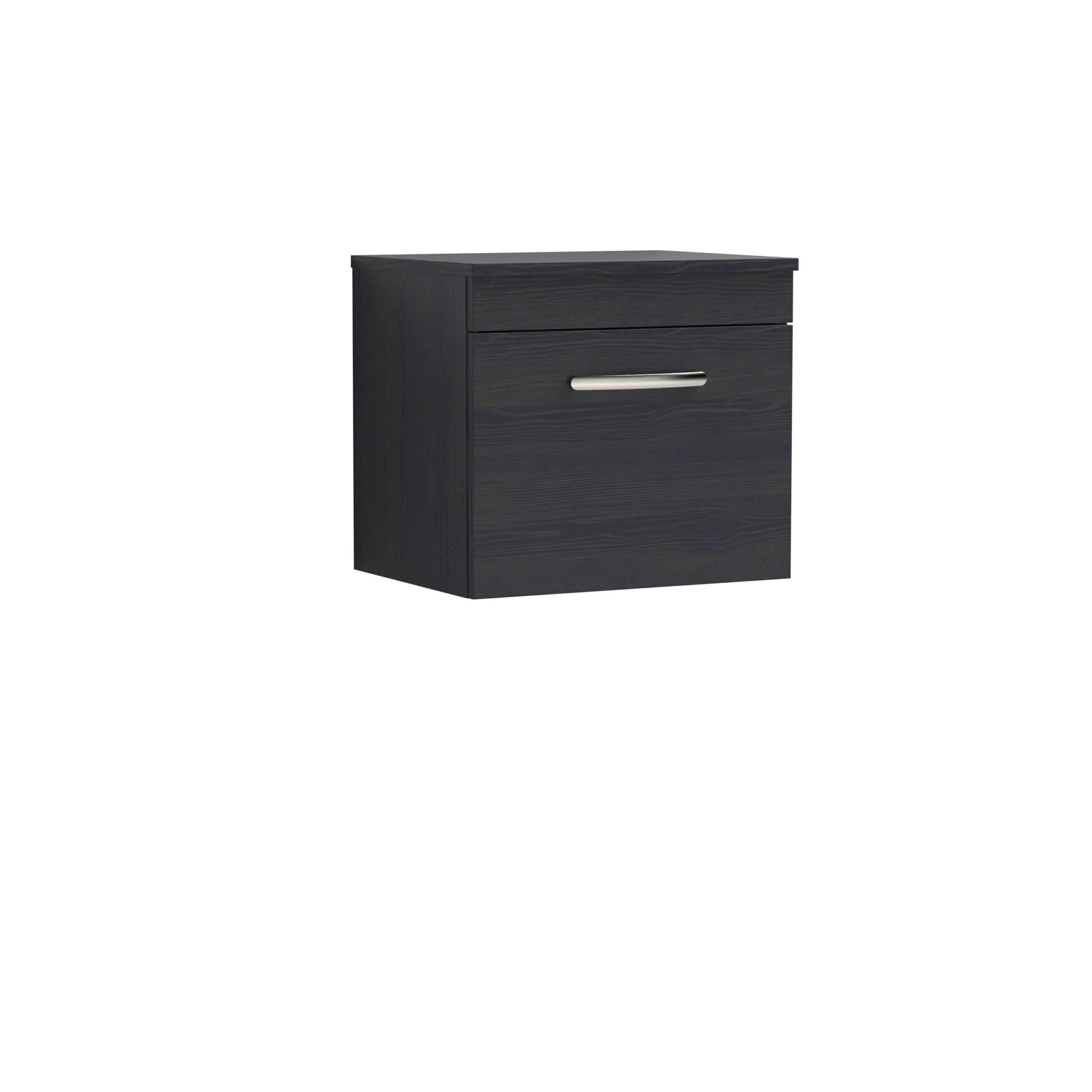 Modern black bathroom vanity unit with sleek handle for stylish bathroom storage solutions.