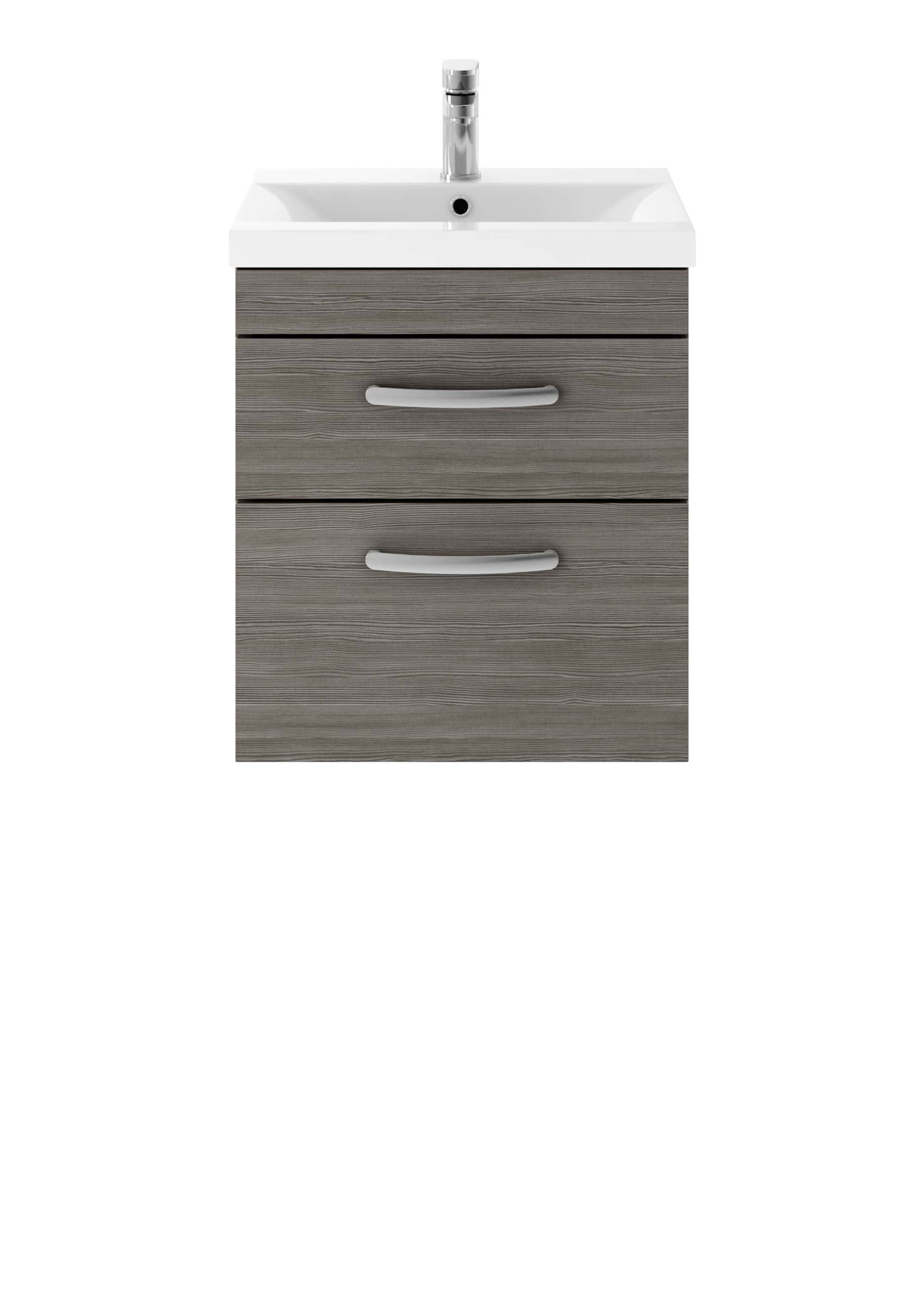 Modern bathroom vanity unit with integrated sink and chrome tap, featuring a wood-effect finish for a stylish look. Perfect for contemporary bathroom design and storage.