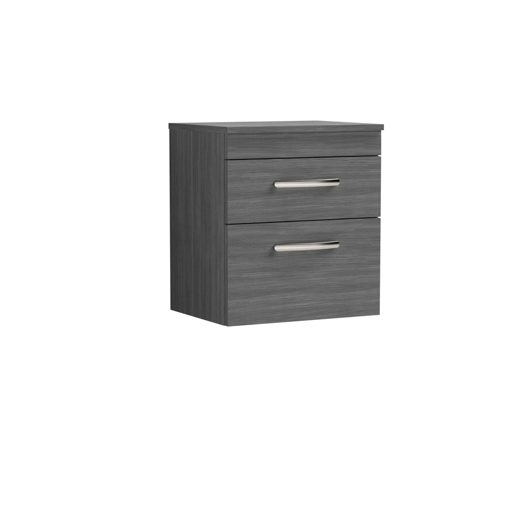 Stylish grey bathroom side cabinet with two drawers, modern silver handles, ideal for bathroom storage and organisation. Durable wood finish complements contemporary bathroom interiors.