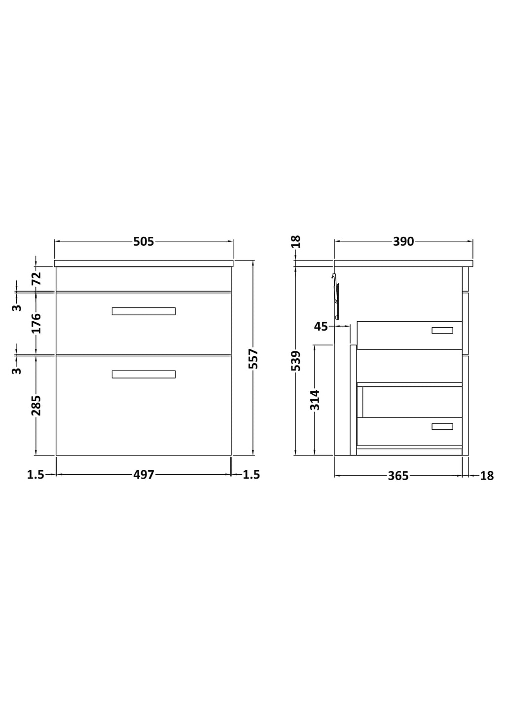 Large bathroom vanity unit with detailed dimensions for custom bubly bathrooms design, featuring multiple drawers and storage space.