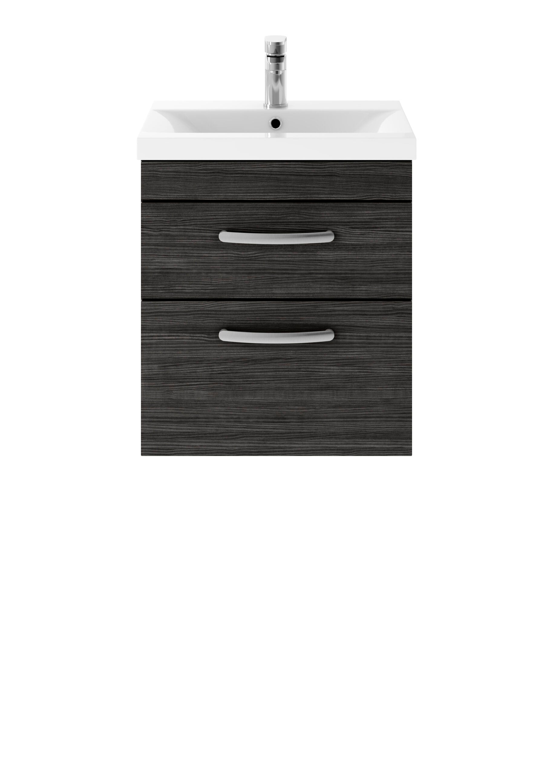 Modern bathroom vanity unit with a white ceramic sink and dark wood finish drawers, ideal for stylish bathroom storage solutions in UK homes.