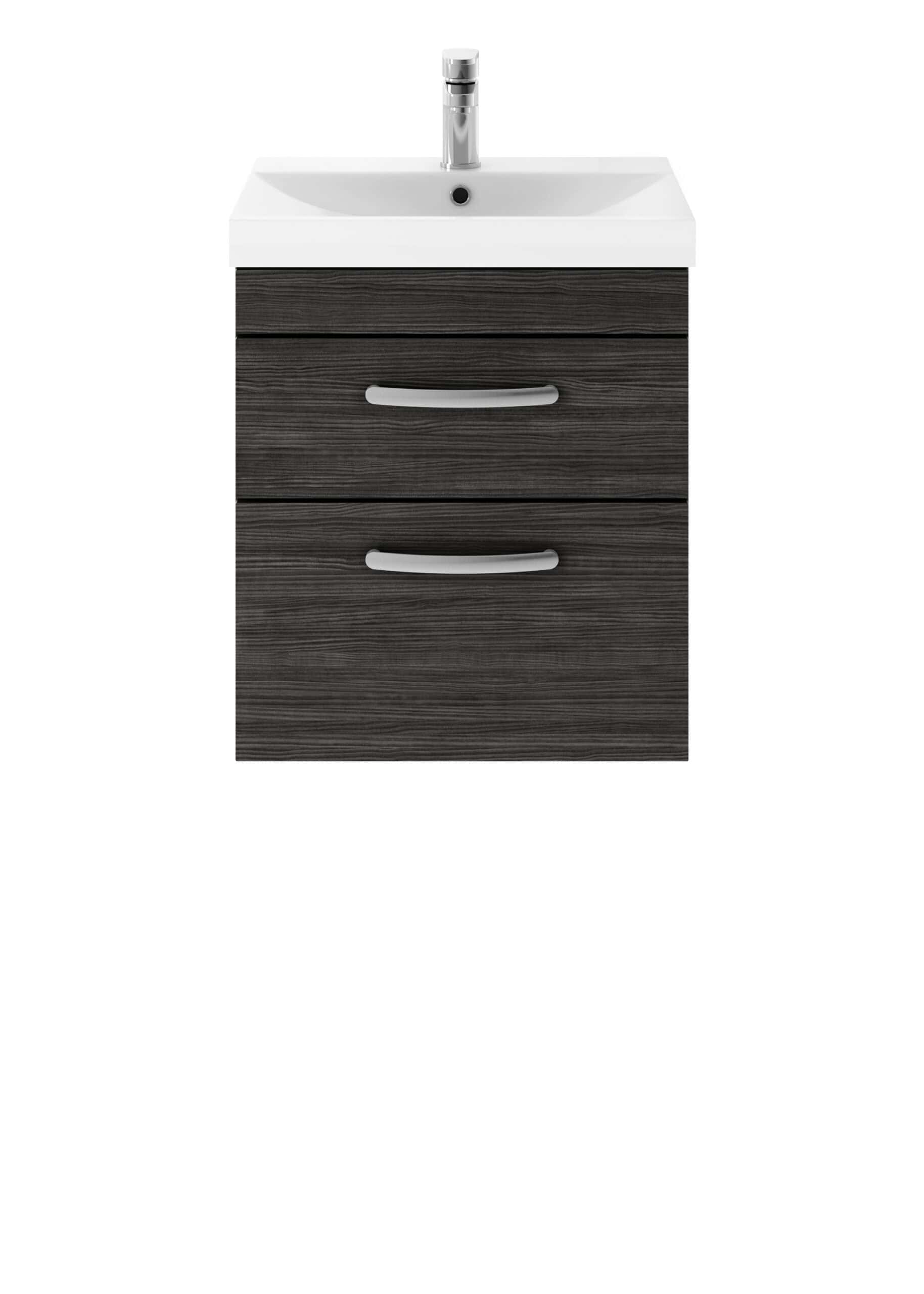 Dark wood bathroom vanity with white ceramic sink and modern chrome tap for stylish bathroom storage and organisation.