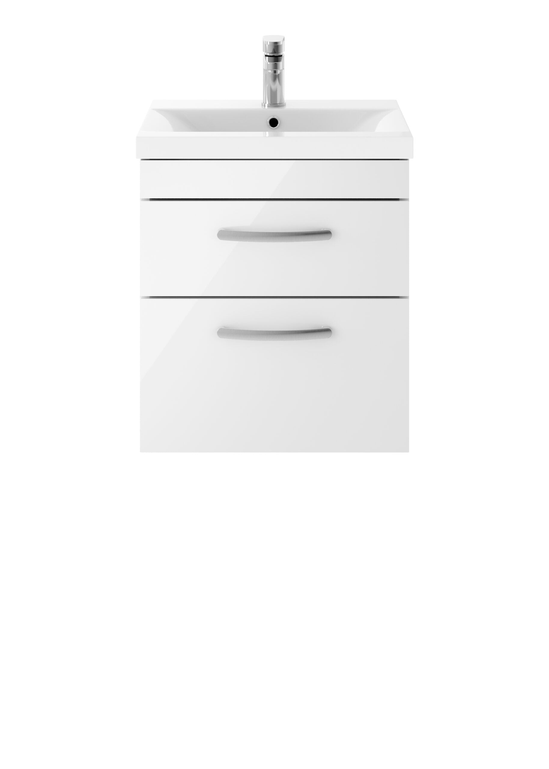 White bathroom vanity unit with integrated sink and chrome tap, featuring two spacious drawers for storage and sleek modern design. Perfect for contemporary bathroom interiors.