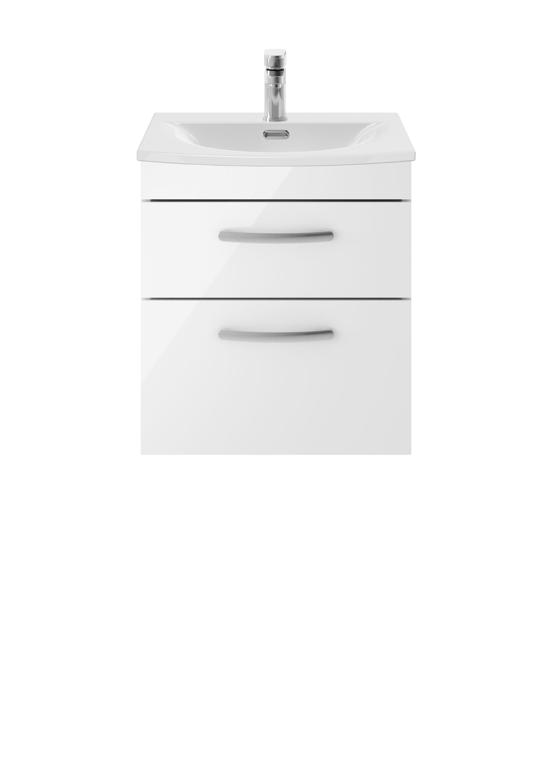 White bathroom vanity unit with integrated sink and chrome faucet, ideal for modern bathrooms. Compact storage with two drawers, perfect for bathroom essentials and minimalist design.