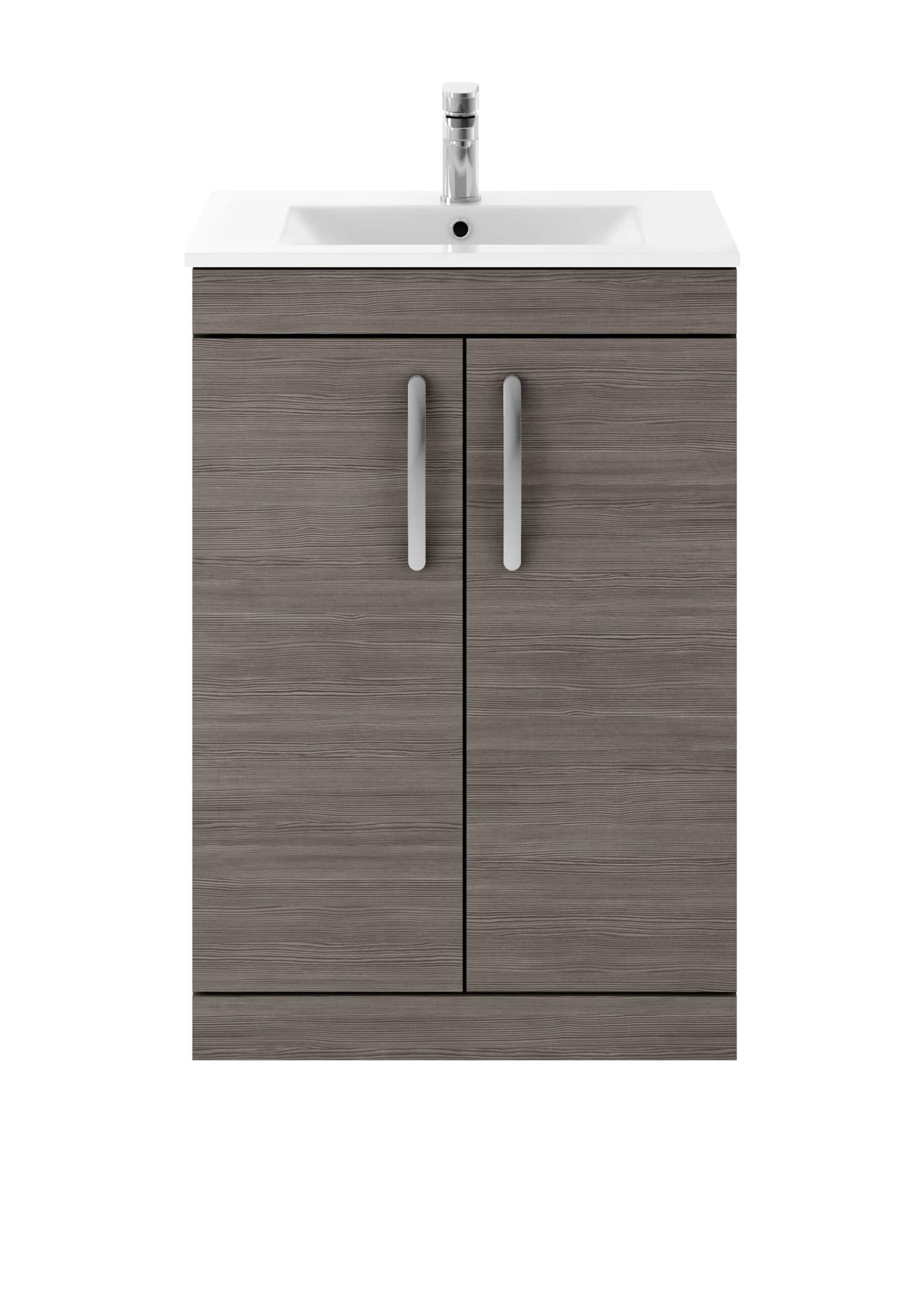 Modern bathroom vanity with wood finish and white ceramic sink, ideal for contemporary bathroom design. Features sleek metal handles and ample storage space, perfect for bathroom organisation.