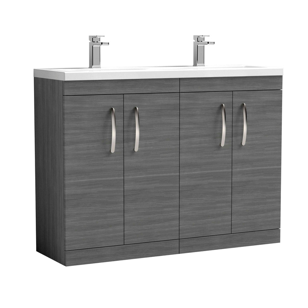Modern grey bathroom vanity with dual sinks and chrome handles, ideal for contemporary bathrooms and bathroom renovations. Durable laminate finish with ample storage space.