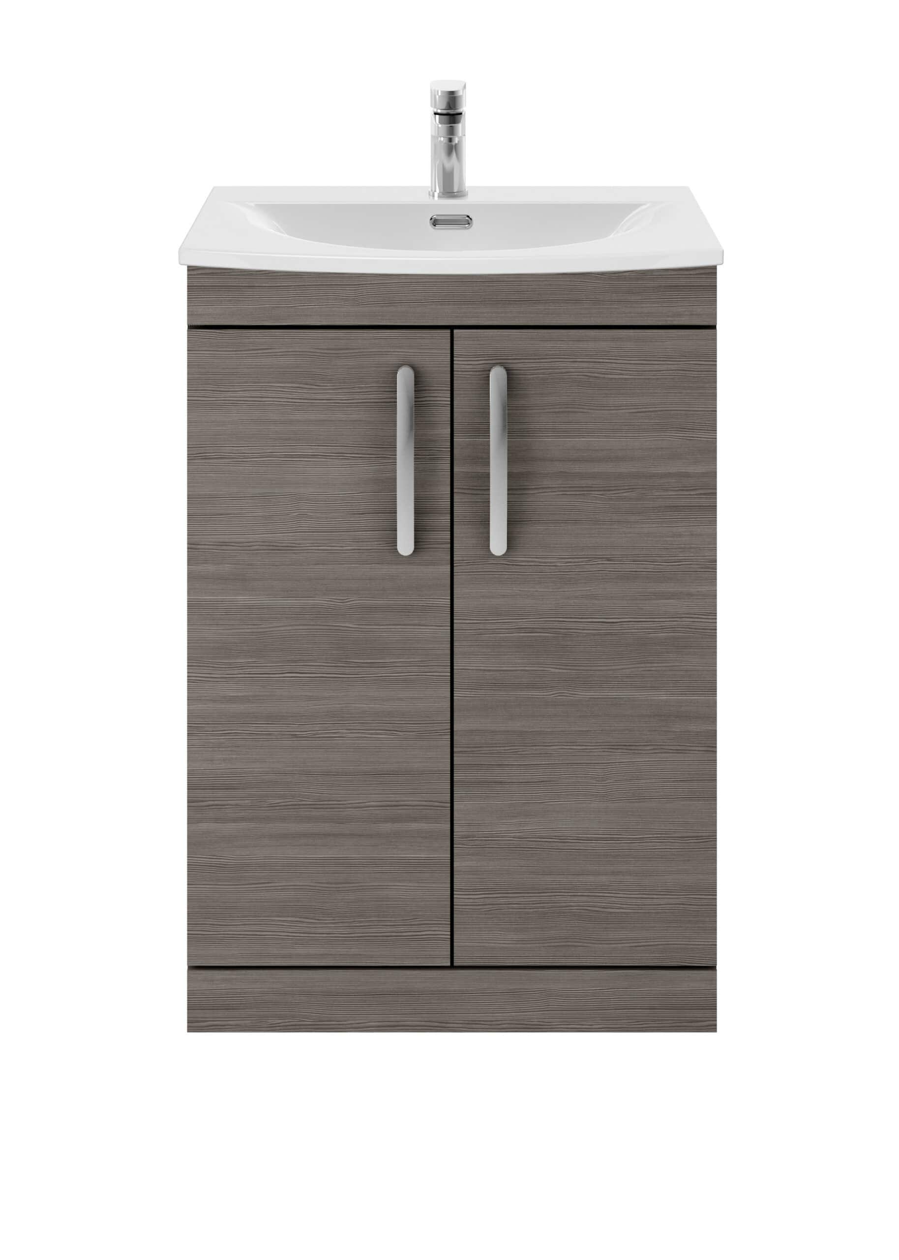 Modern bathroom vanity unit with integrated sink and chrome tap, ideal for contemporary bathroom decor. Durable wood-effect finish with sleek aluminium handles for storage and style.