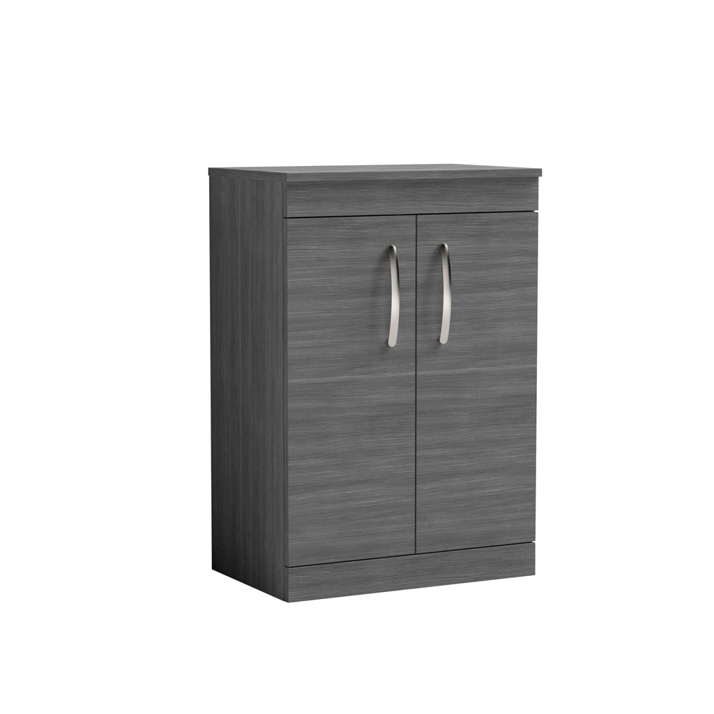 Modern grey bathroom storage cabinet with silver handles, ideal for bathroom organisation and space saving. Suitable for bathroom furniture and storage solutions.
