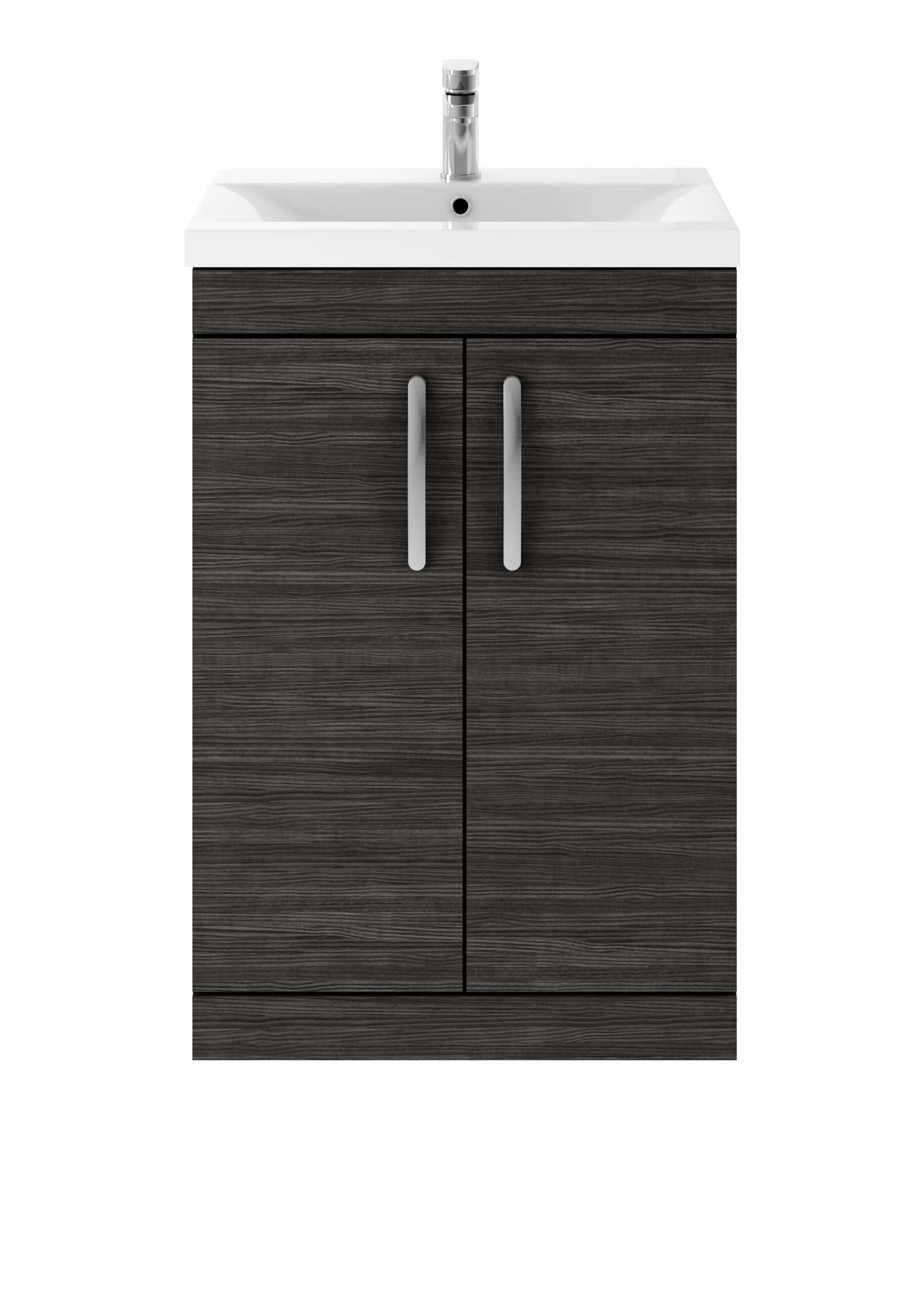 Contemporary bathroom vanity unit with integrated sink and chrome faucet, featuring dark wood finish cabinet doors with sleek silver handles. Ideal for modern bathroom storage solutions.