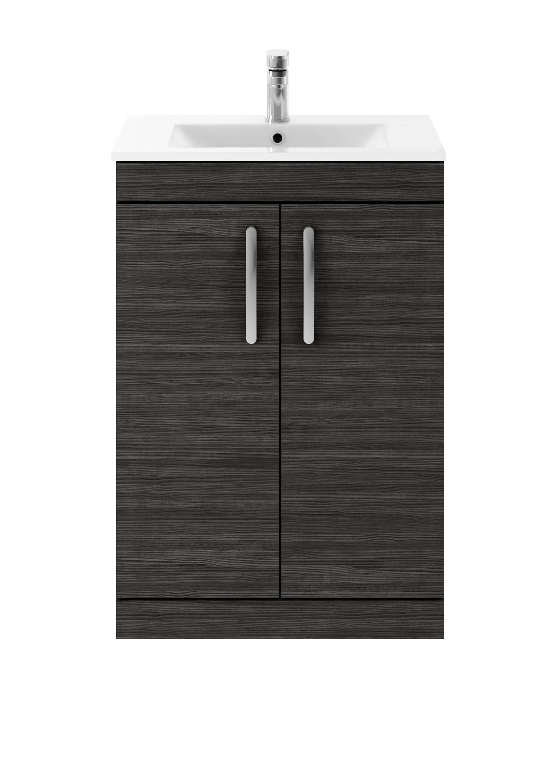 Sleek modern bathroom vanity cabinet with a white sink and chrome tap, ideal for contemporary bathroom designs. Features dark wood finish and sturdy silver handles for a stylish storage solution.