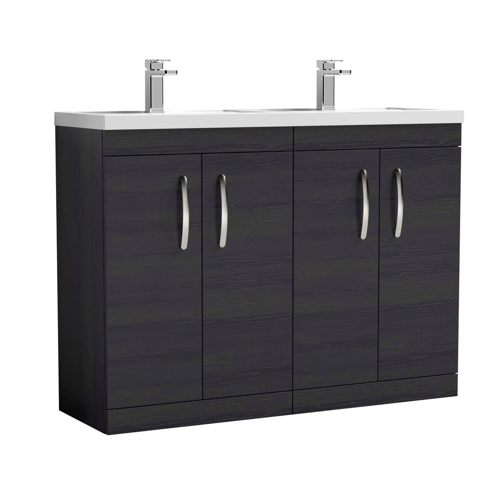 Contemporary double bathroom vanity unit with a sleek black finish, featuring a spacious top and two modern sinks, ideal for stylish bathroom renovation projects.