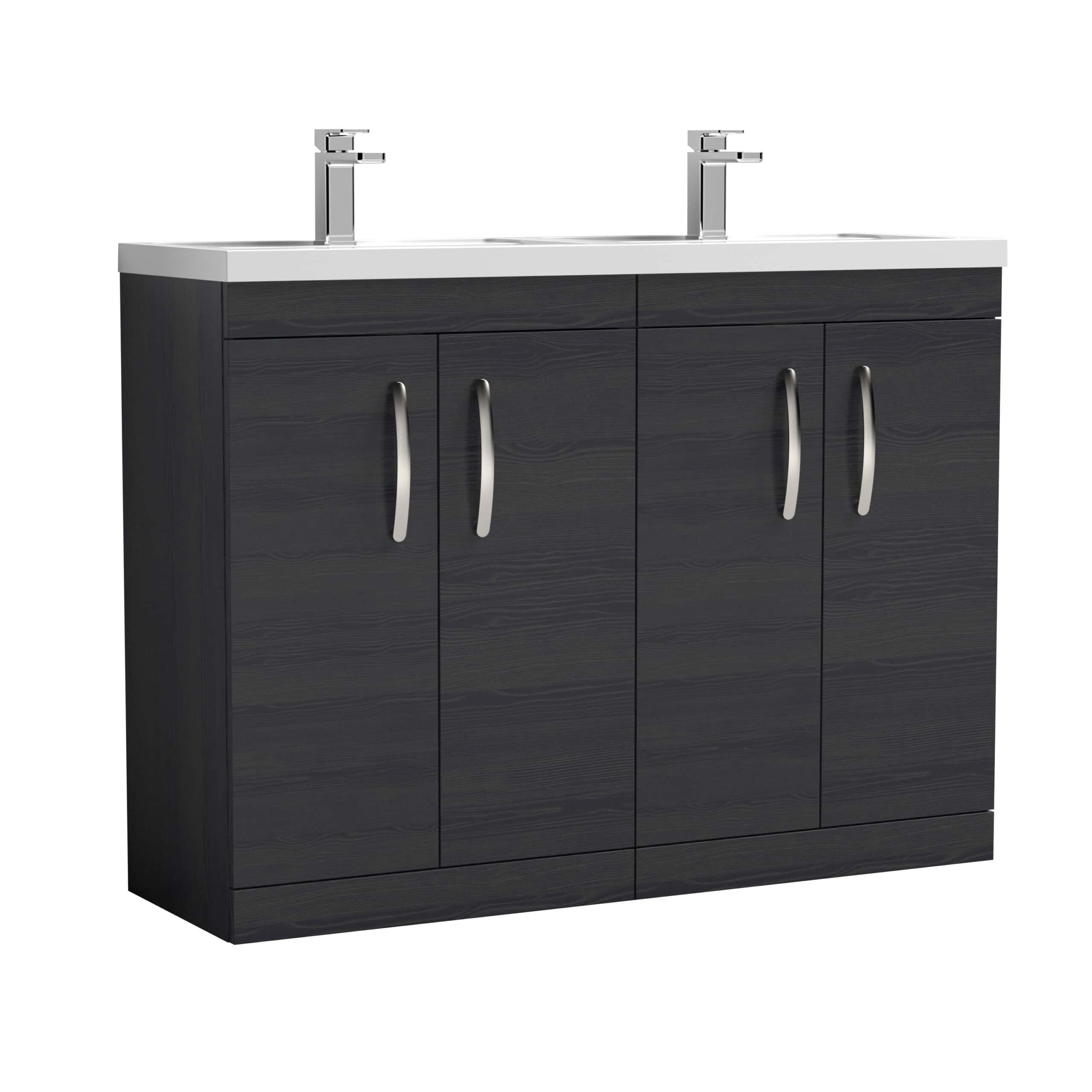 Contemporary double bathroom vanity unit with a sleek black finish, featuring a spacious top and two modern sinks, ideal for stylish bathroom renovation projects.