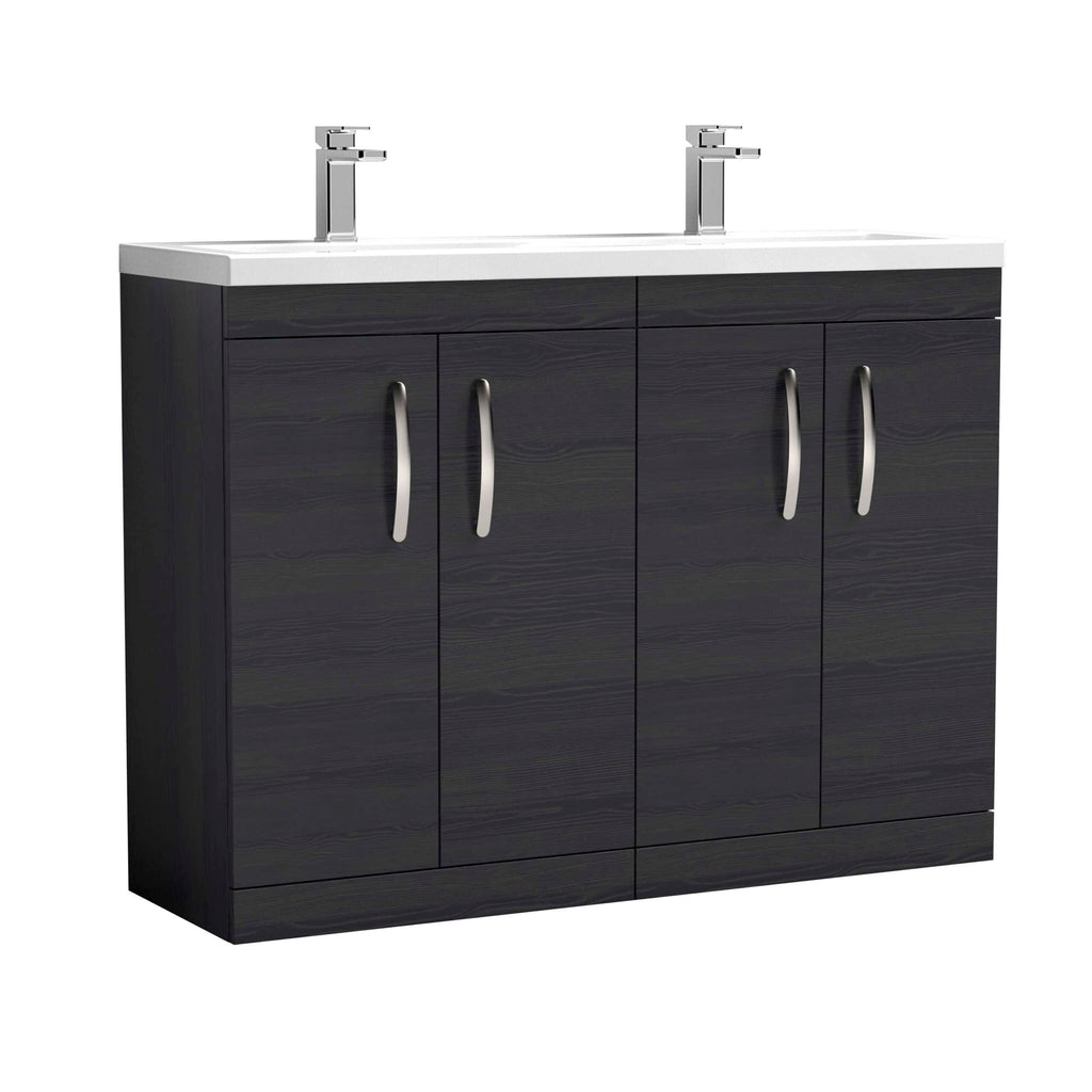 Modern black bathroom vanity with double sinks and chrome handles, perfect for contemporary bathroom remodels.