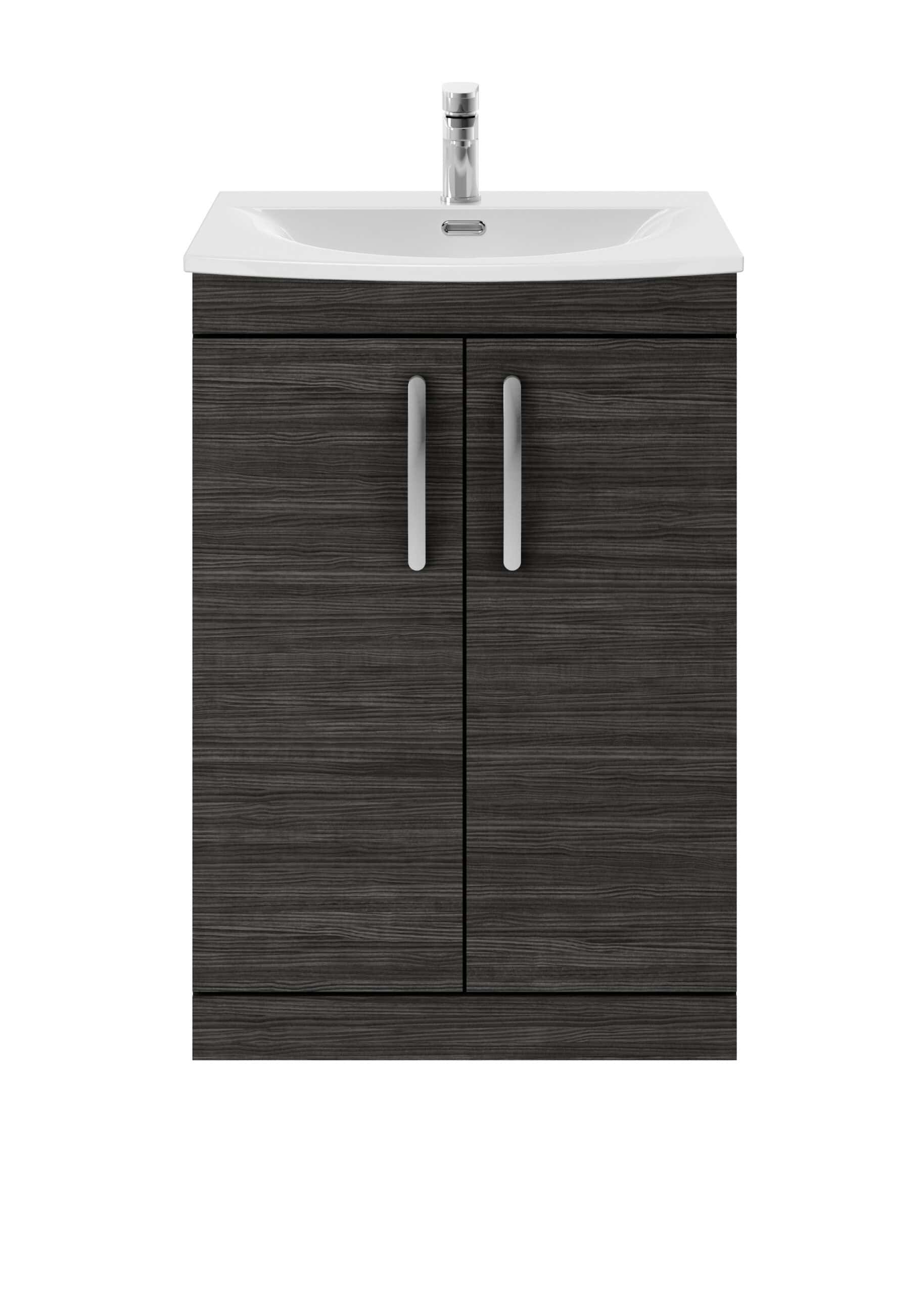 Modern bathroom vanity unit with oak effect cabinet and ceramic sink, ideal for contemporary bathroom designs and storage solutions.