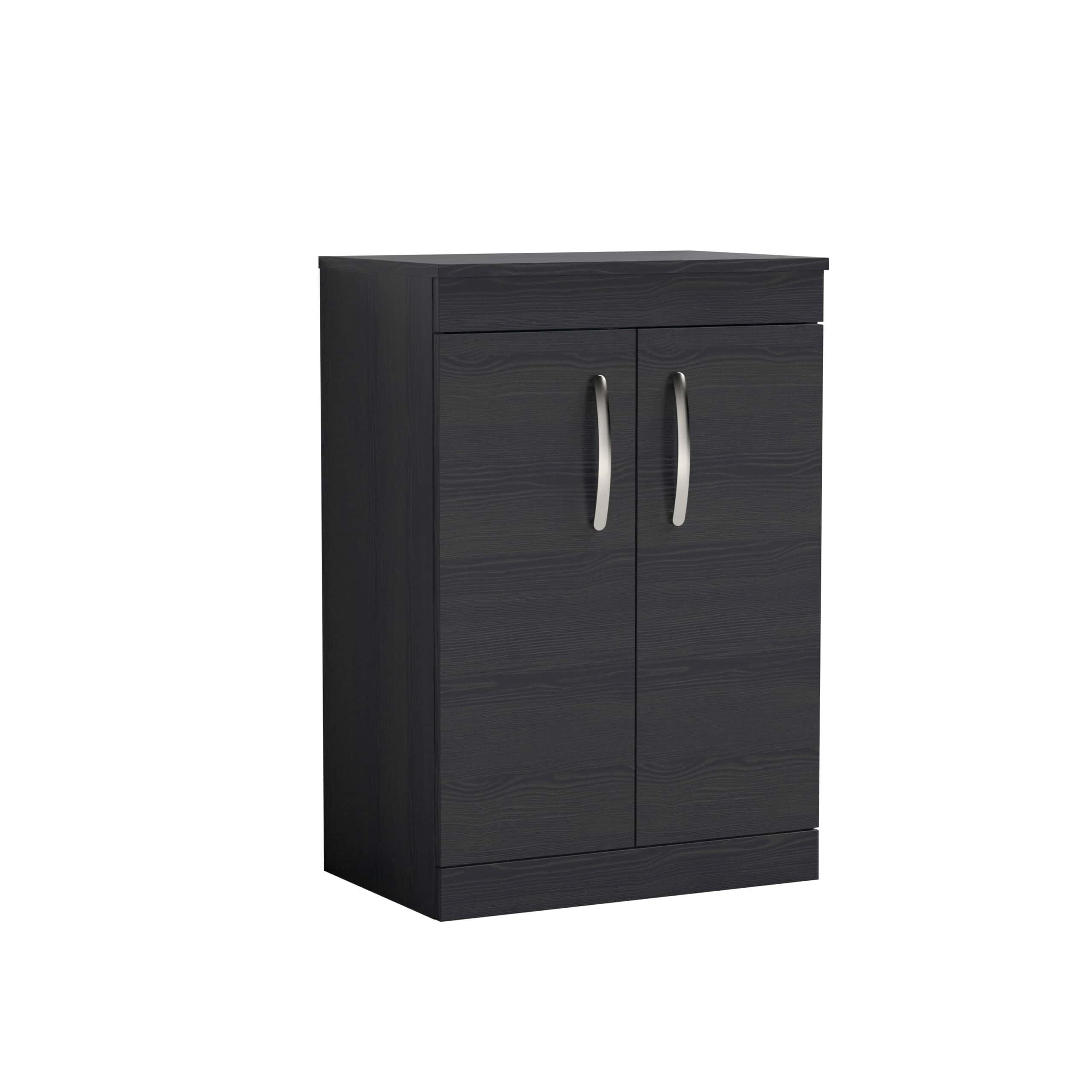 Modern black bathroom storage cabinet with silver handles, ideal for organising toiletries and towels in contemporary bathrooms. Durable wooden finish with sleek design for stylish bathroom decor.