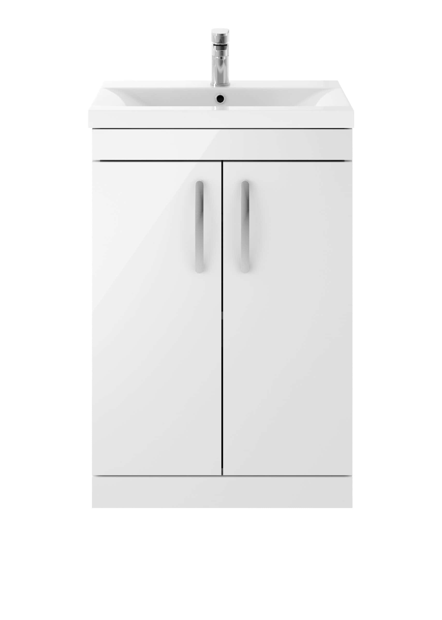Elegant white bathroom vanity with integrated sink and modern chrome tap, ideal for contemporary bathroom designs and water-saving fixtures. Suitable for home or commercial use.