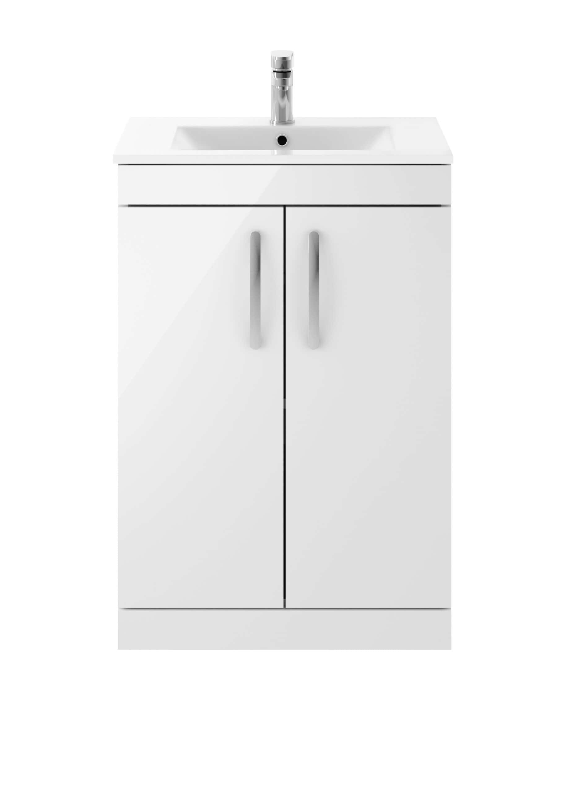 Modern white bathroom vanity with integrated sink and chrome faucet, ideal for contemporary bathroom remodels and perfect for small space storage solutions.