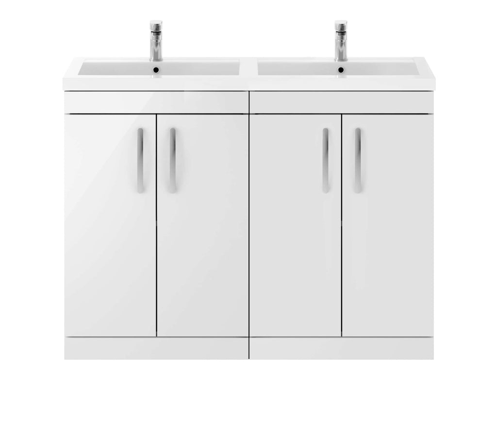 Modern white bathroom vanity with dual sinks and storage cabinets, perfect for contemporary bathroom remodels and convenience.
