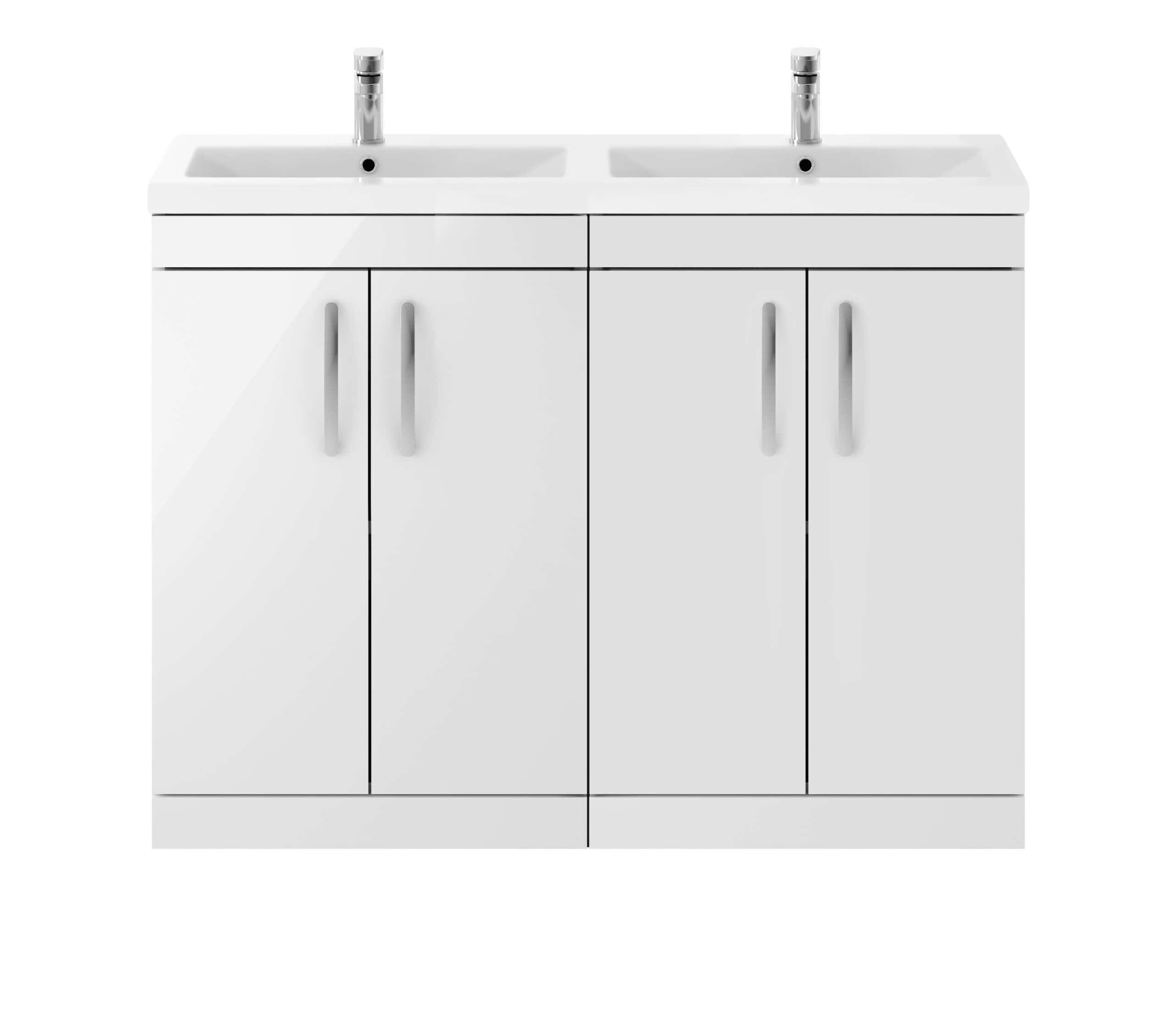 White double sink bathroom vanity with storage cupboards, modern design, chrome faucets, ideal for contemporary bathroom remodels and plumbing solutions.