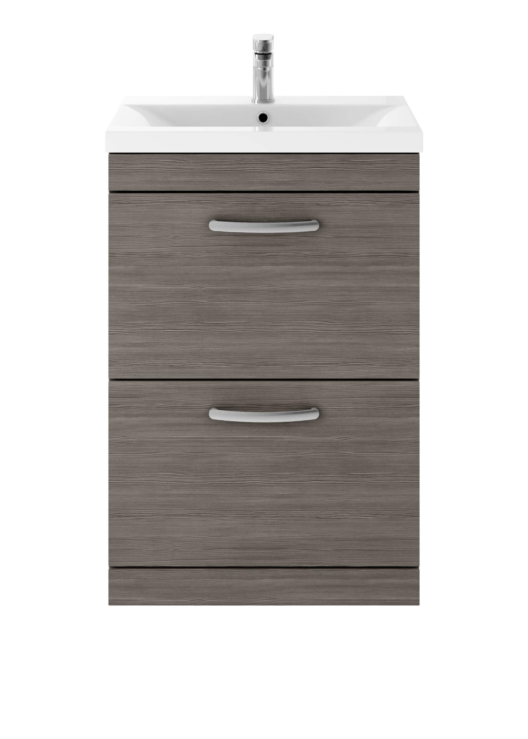 Bathroom vanity unit with integrated sink and chrome faucet, finished in a contemporary grey wood effect for a modern bathroom look.