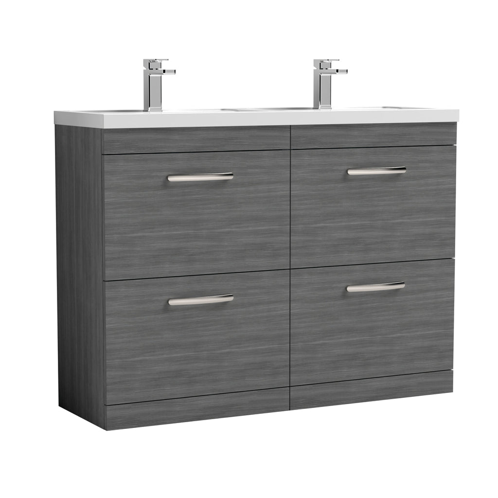 Modern grey bathroom vanity unit with double sinks and chrome handles, ideal for contemporary bathroom interiors. Featuring sleek design and ample storage space for bathroom essentials.