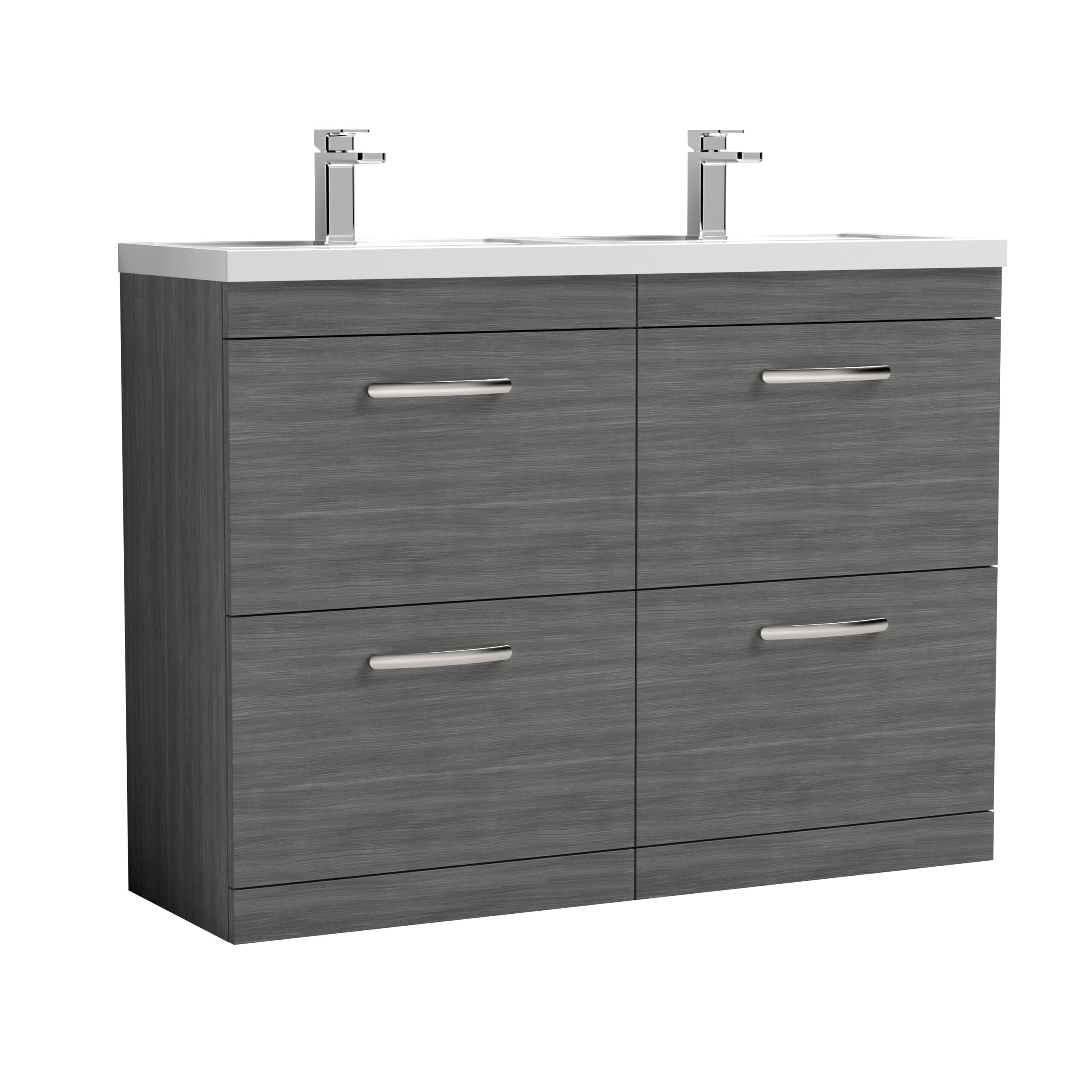 Modern grey bathroom vanity unit with double sinks and chrome handles, ideal for contemporary bathroom interiors. Featuring sleek design and ample storage space for bathroom essentials.