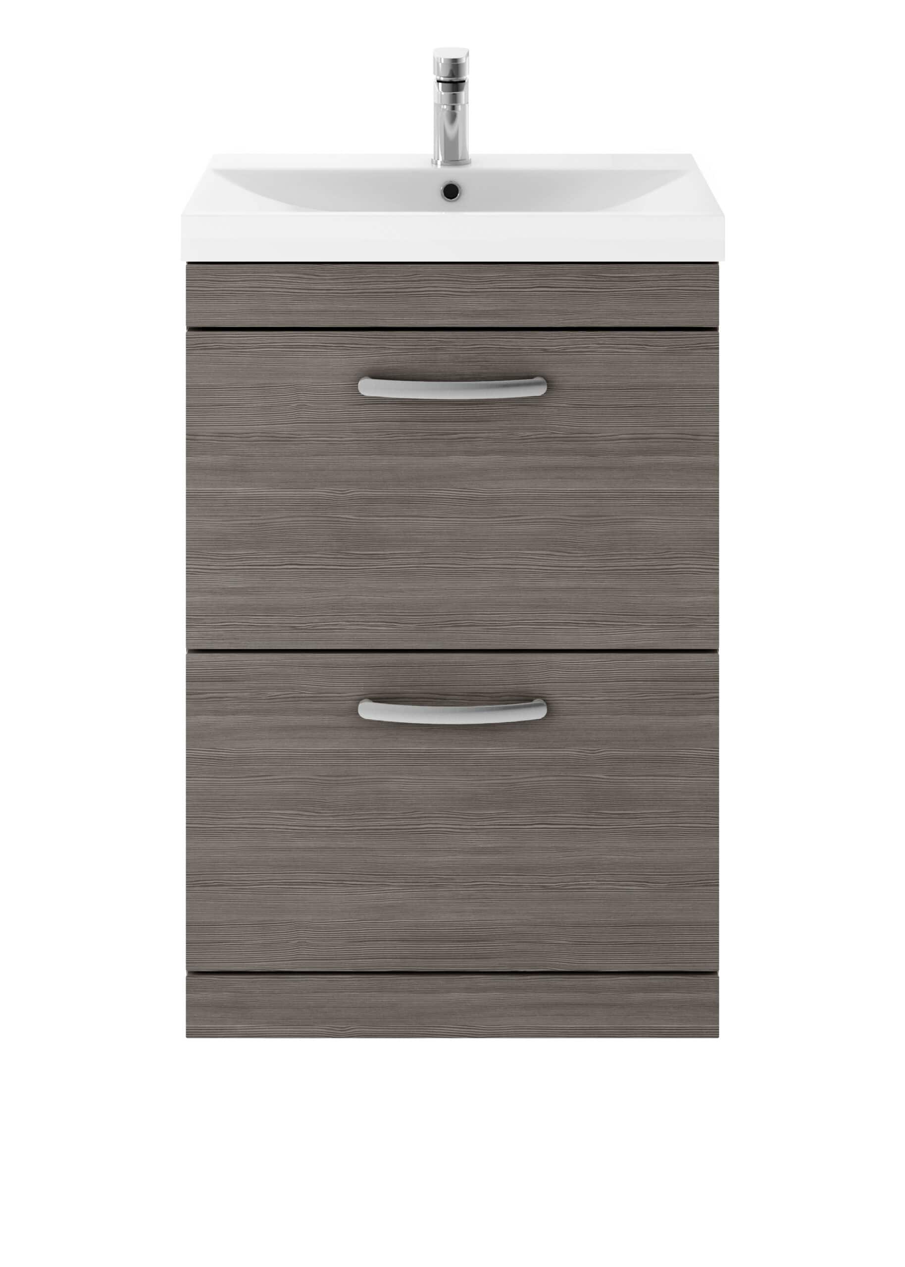 Modern bathroom vanity unit with integrated sink and wooden finish cabinetry. Perfect for bathroom storage and style.