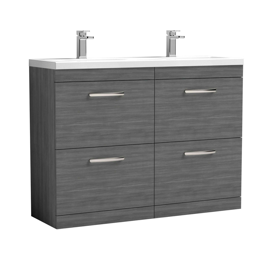 Modern grey double bathroom vanity unit with integrated double sinks and chrome handles, ideal for contemporary bathroom designs. Perfect for stylish and functional bathroom storage.
