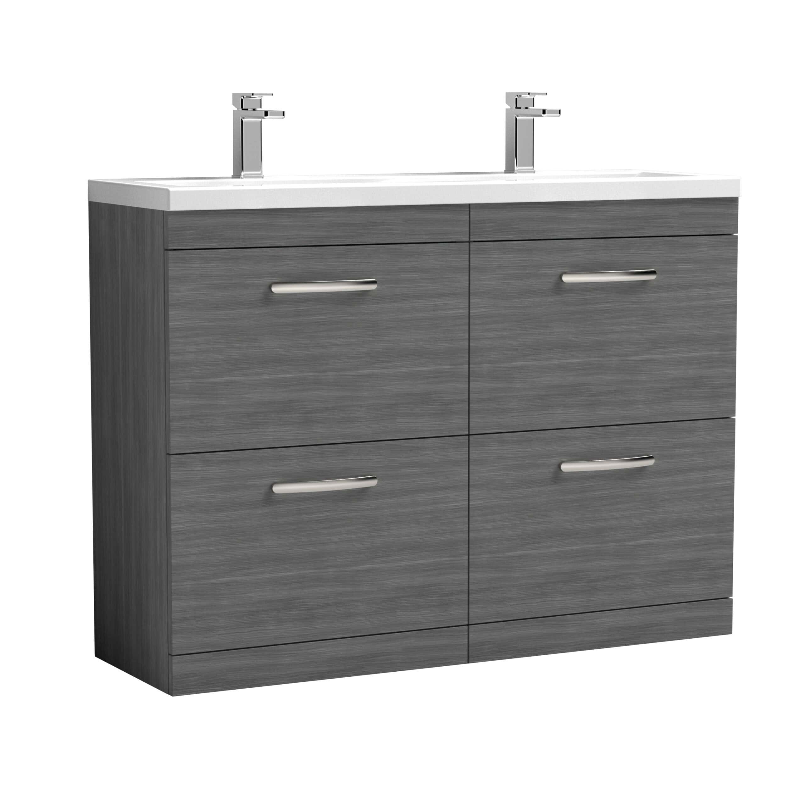 Modern grey double bathroom vanity unit with integrated double sinks and chrome handles, ideal for contemporary bathroom designs. Perfect for stylish and functional bathroom storage.