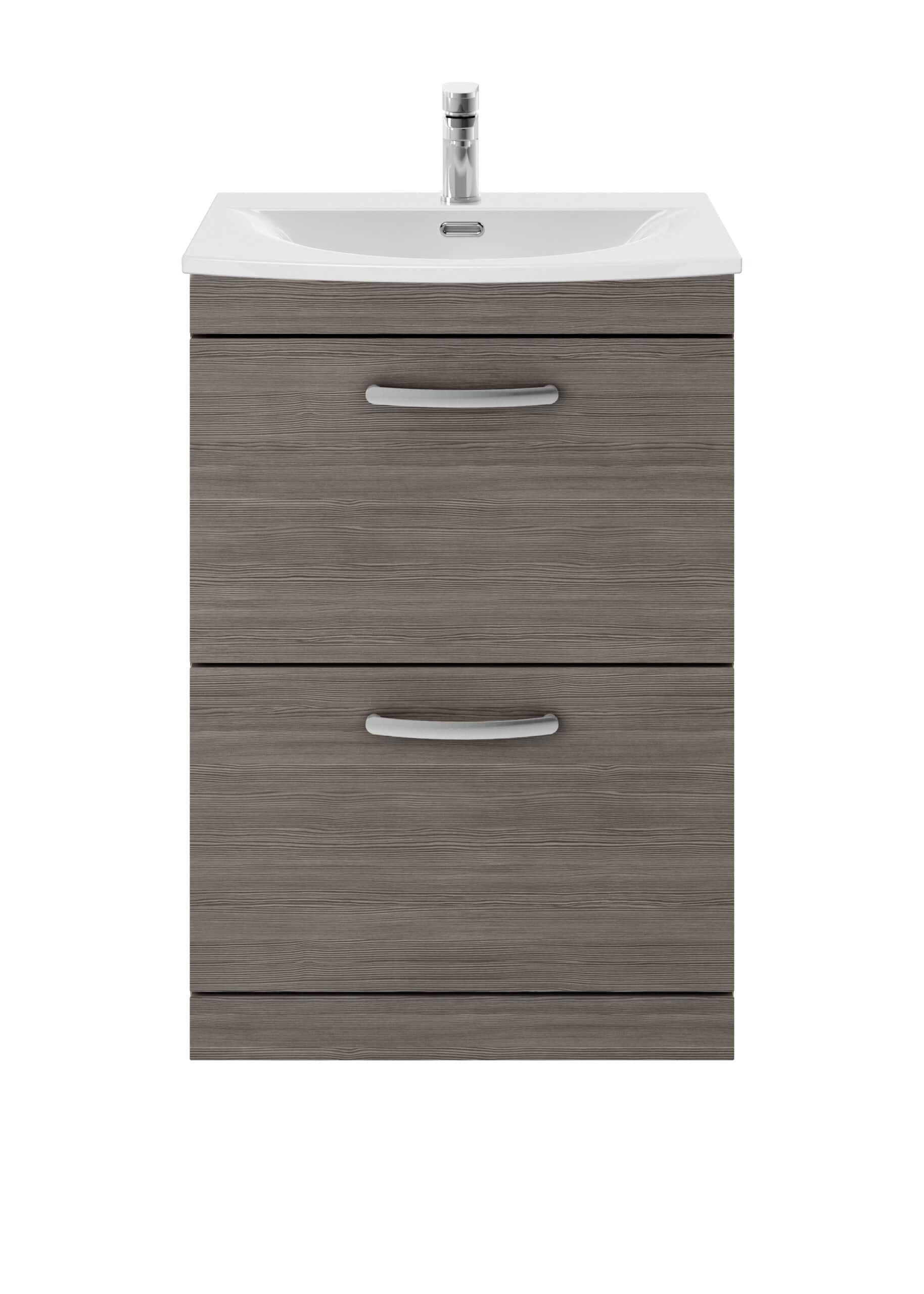 Modern bathroom vanity unit with integrated sink and storage drawers, featuring a sleek woodgrain finish ideal for contemporary bathrooms. Perfect for bathroom renovation or upgrades.