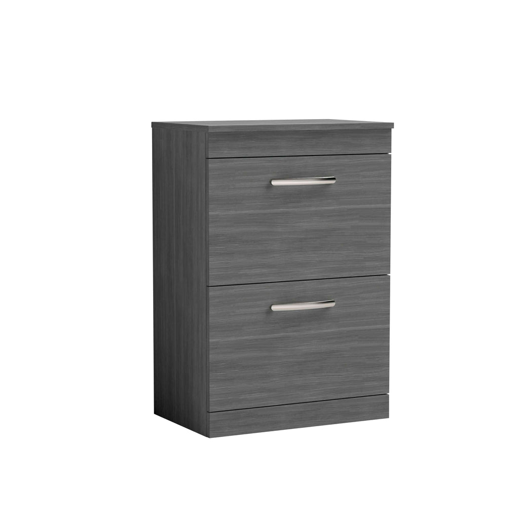 Modern grey bathroom storage cabinet with sleek silver handles, designed for efficient organisation and stylish storage solutions. Perfect for contemporary bathroom interiors.