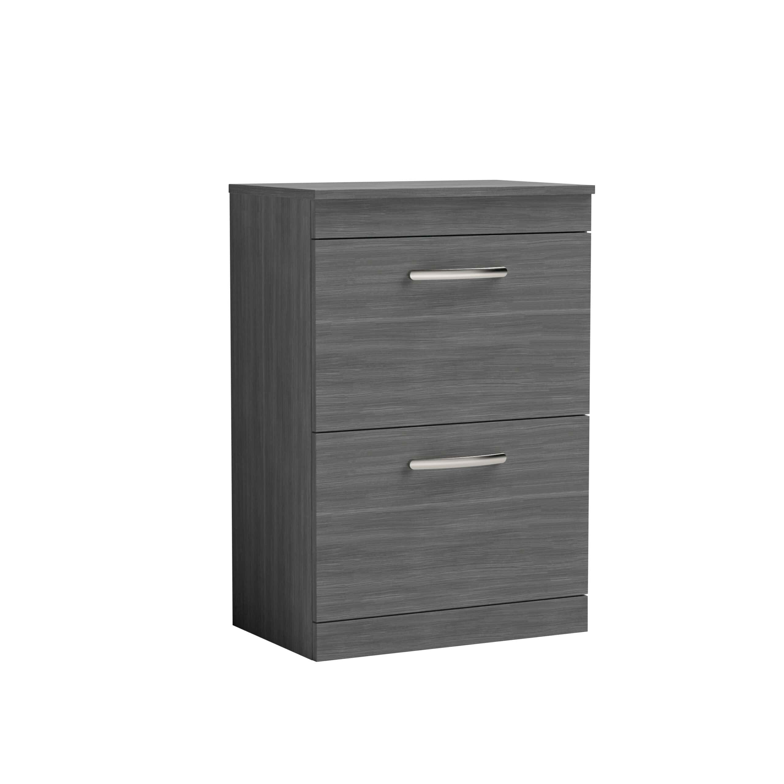 Modern grey bathroom storage cabinet with sleek silver handles, designed for efficient organisation and stylish storage solutions. Perfect for contemporary bathroom interiors.